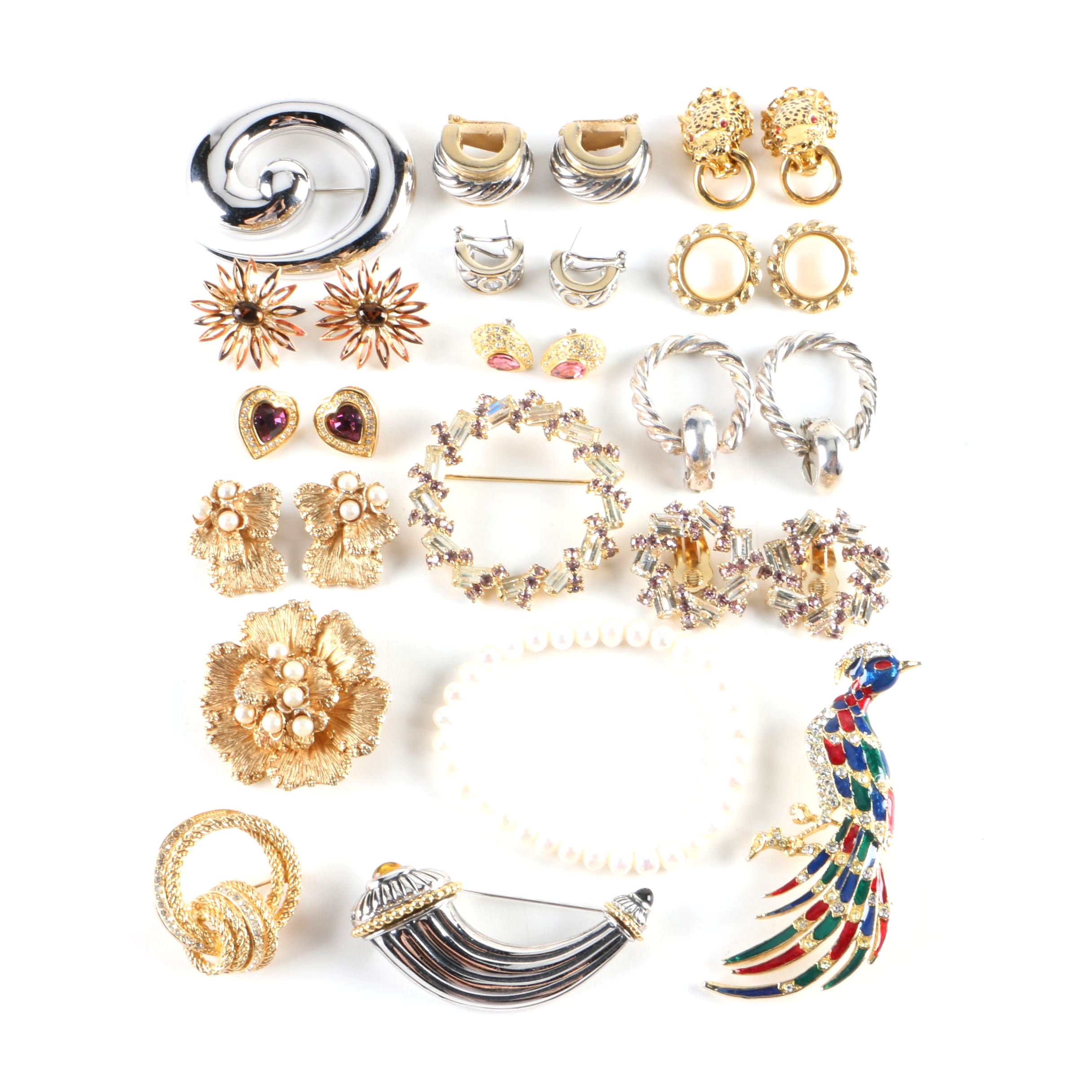 Vintage Brooches, Earrings, and a Pearl Bracelet