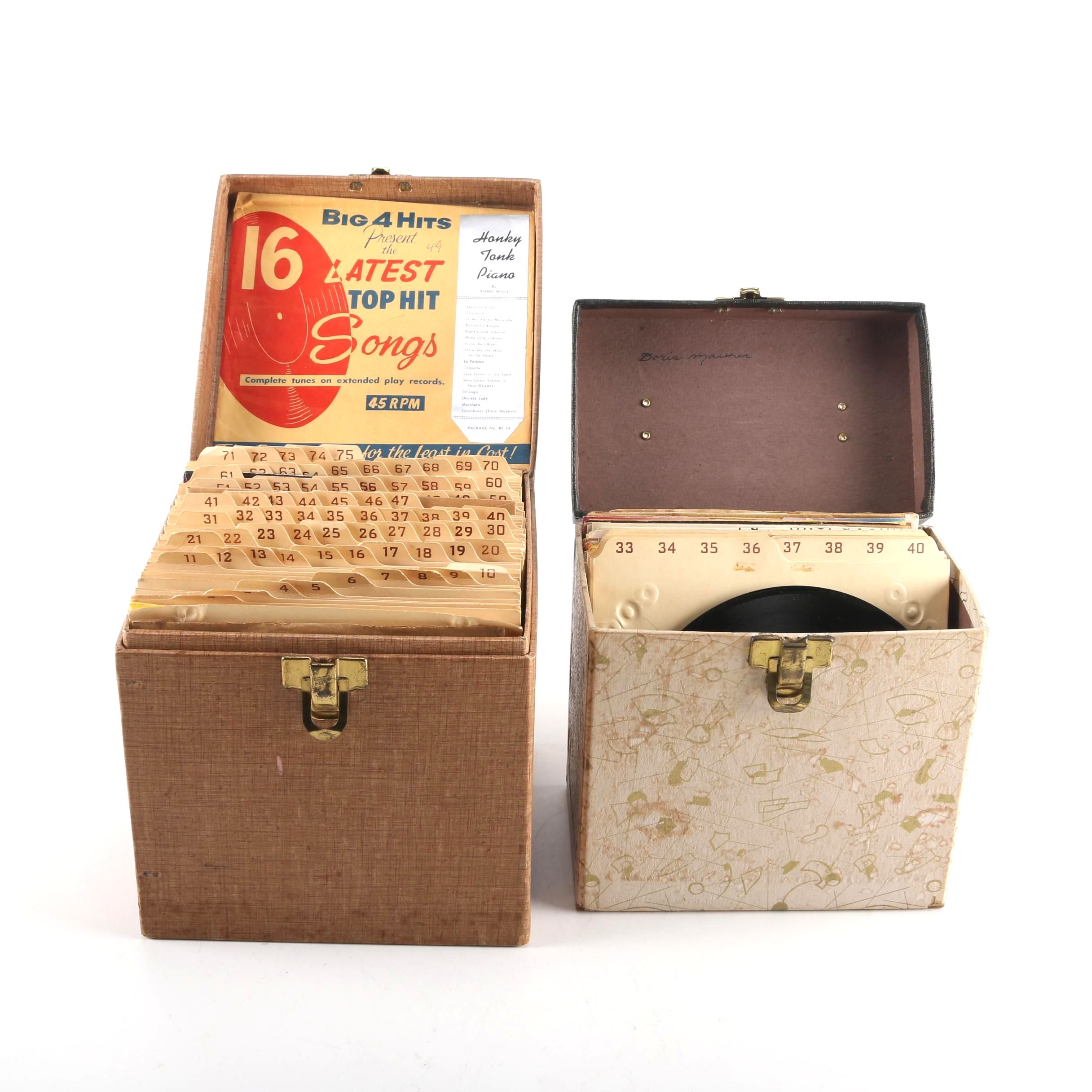 Vintage 45 RPM Cases and Records Including Elvis Presley, Folk, and Children's Songs