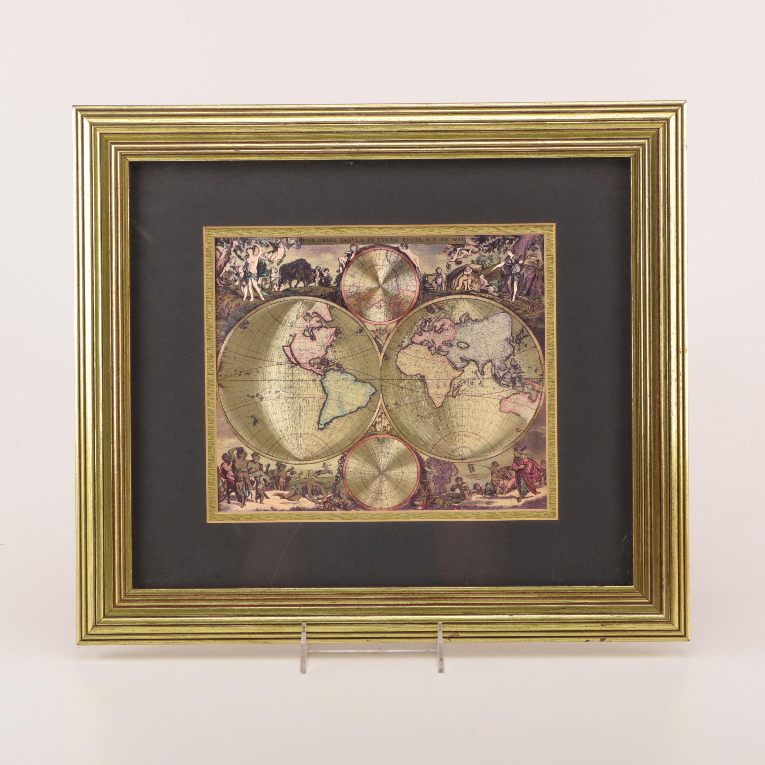 Offset Lithograph Map On Foil "Nova Orbis Tabula, In Lucem Edita, A.F. De Wit"