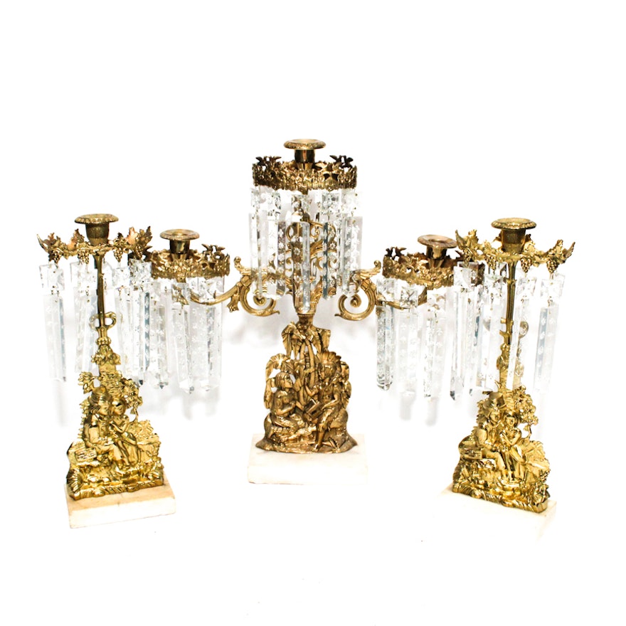 Grouping Of Brass And Crystal Candelabras With Marble Bases