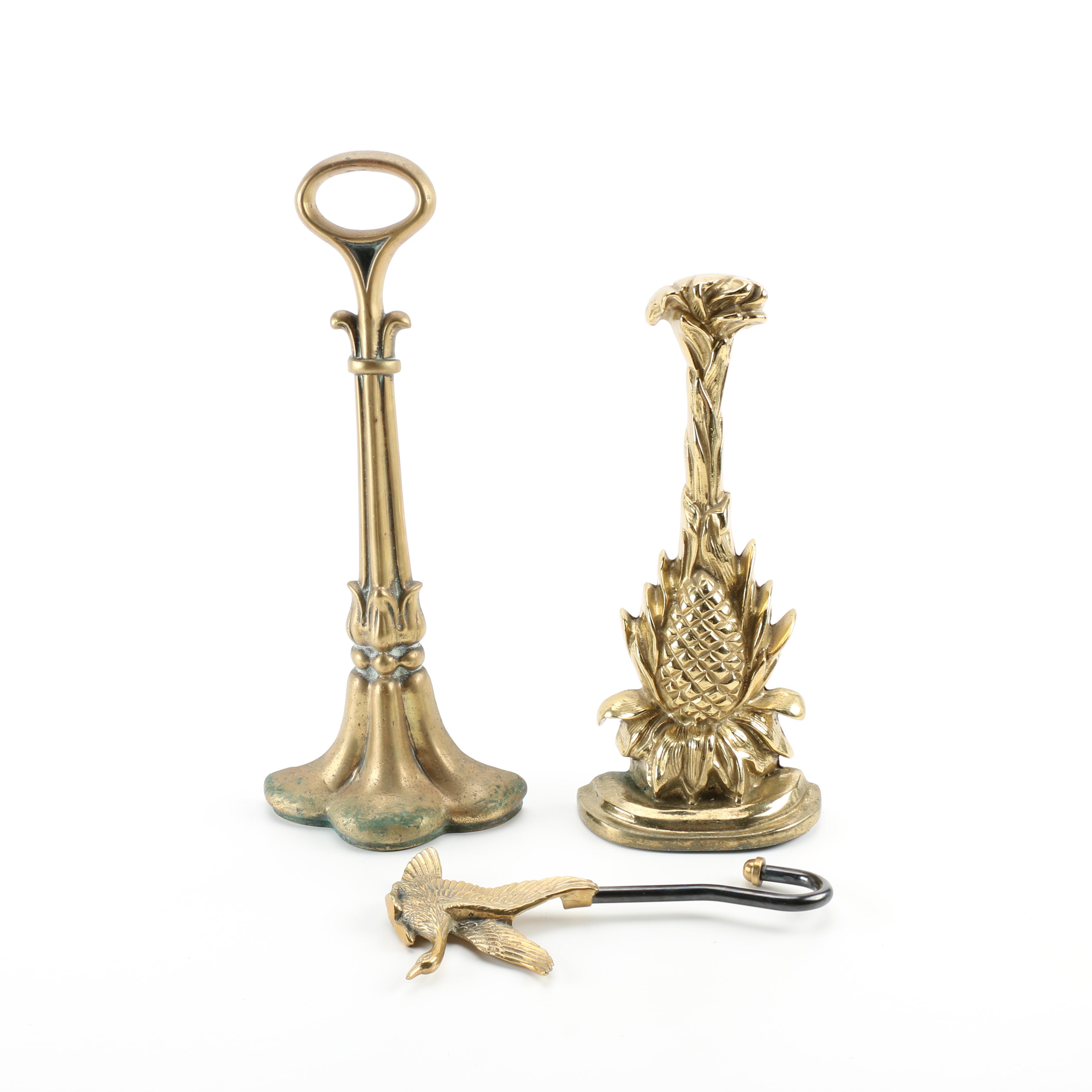 Brass Fireplace Andirons and Damper Hook