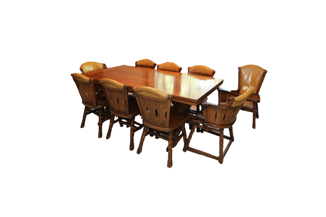 Mid-Century Romweber Viking Oak Refectory Dining Table With Nine Chairs