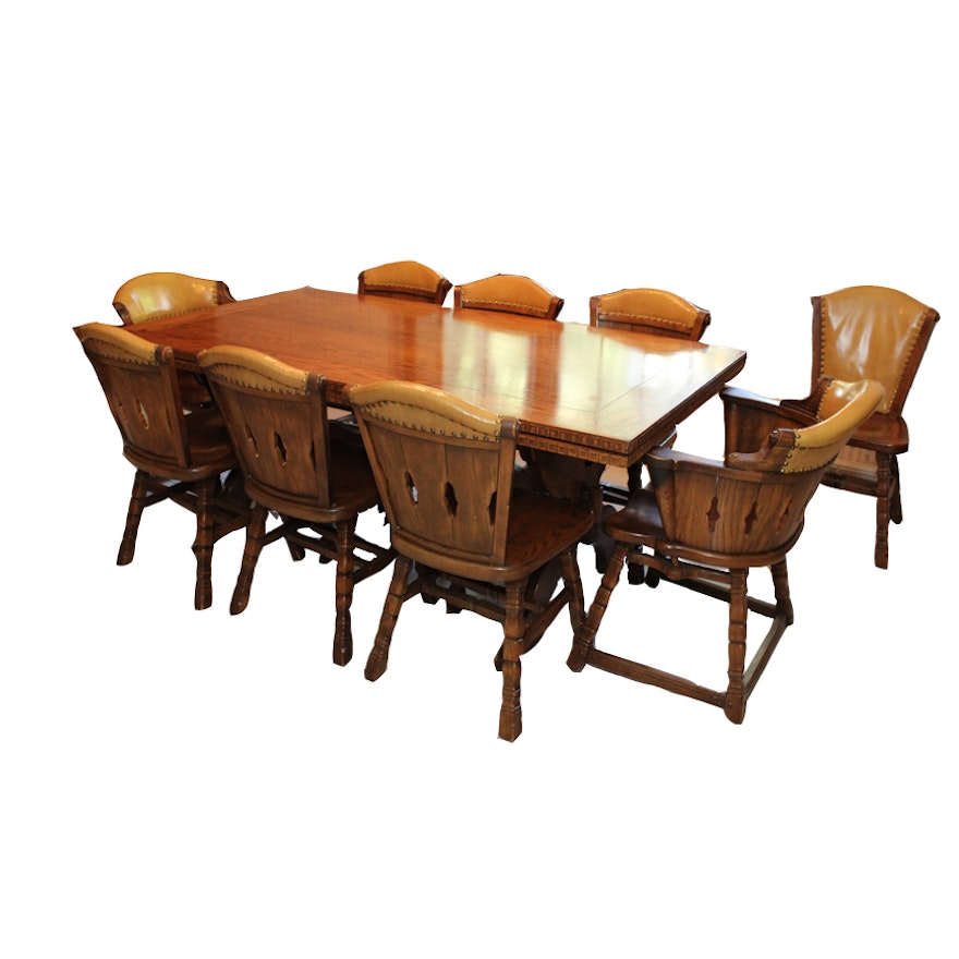 Mid-Century Romweber Viking Oak Refectory Dining Table With Nine Chairs