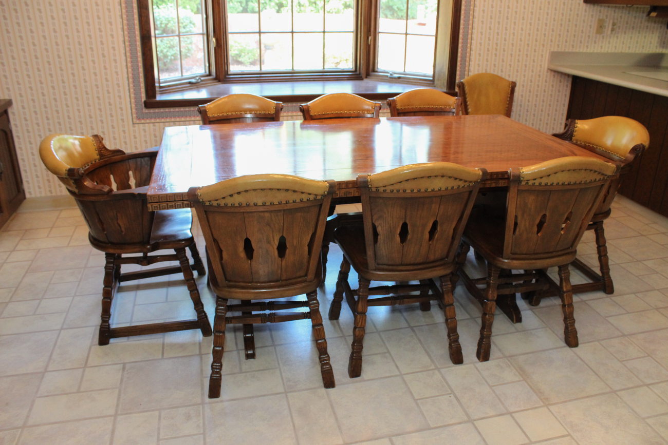 Mid-Century Romweber Viking Oak Refectory Dining Table With Nine Chairs