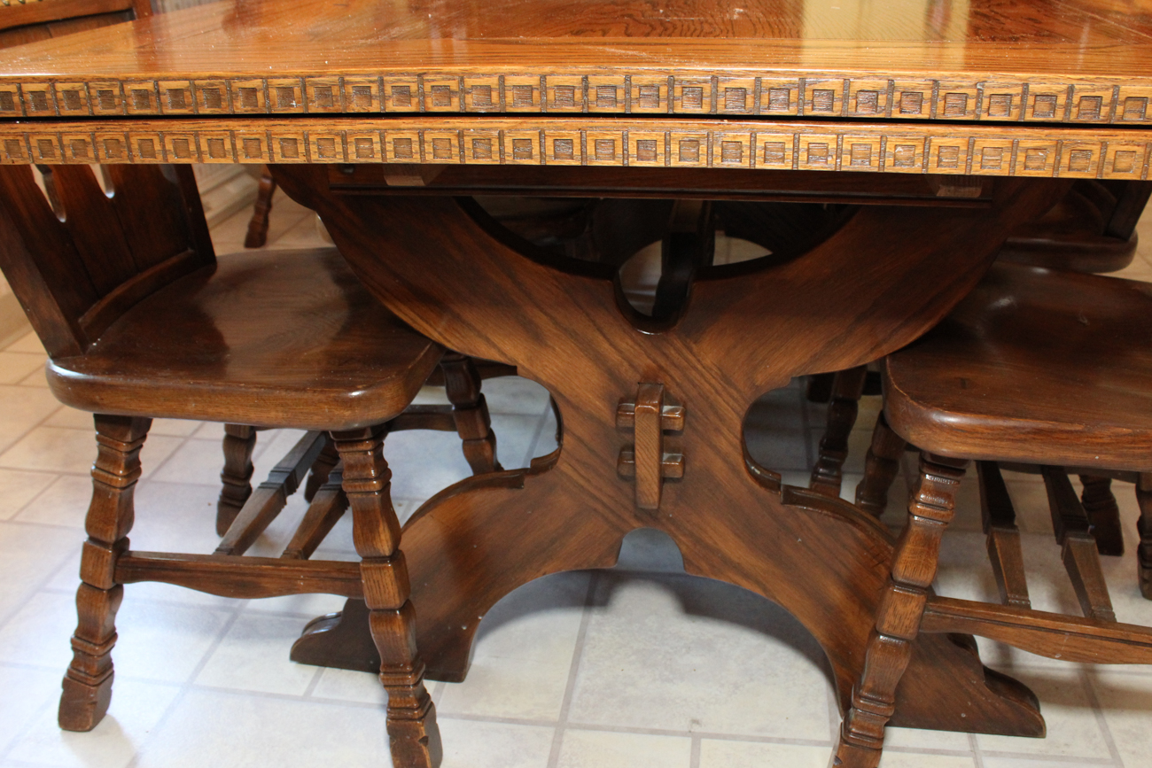 Mid-Century Romweber Viking Oak Refectory Dining Table With Nine Chairs