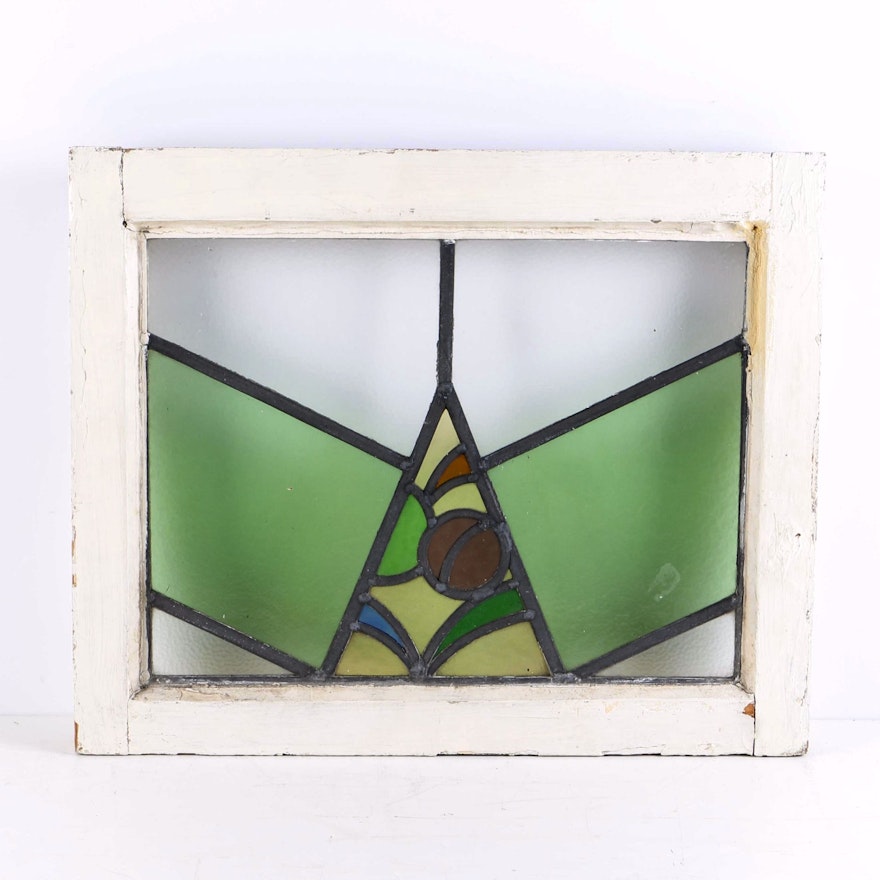 Vintage Wooden Window Frame With Stained Glass