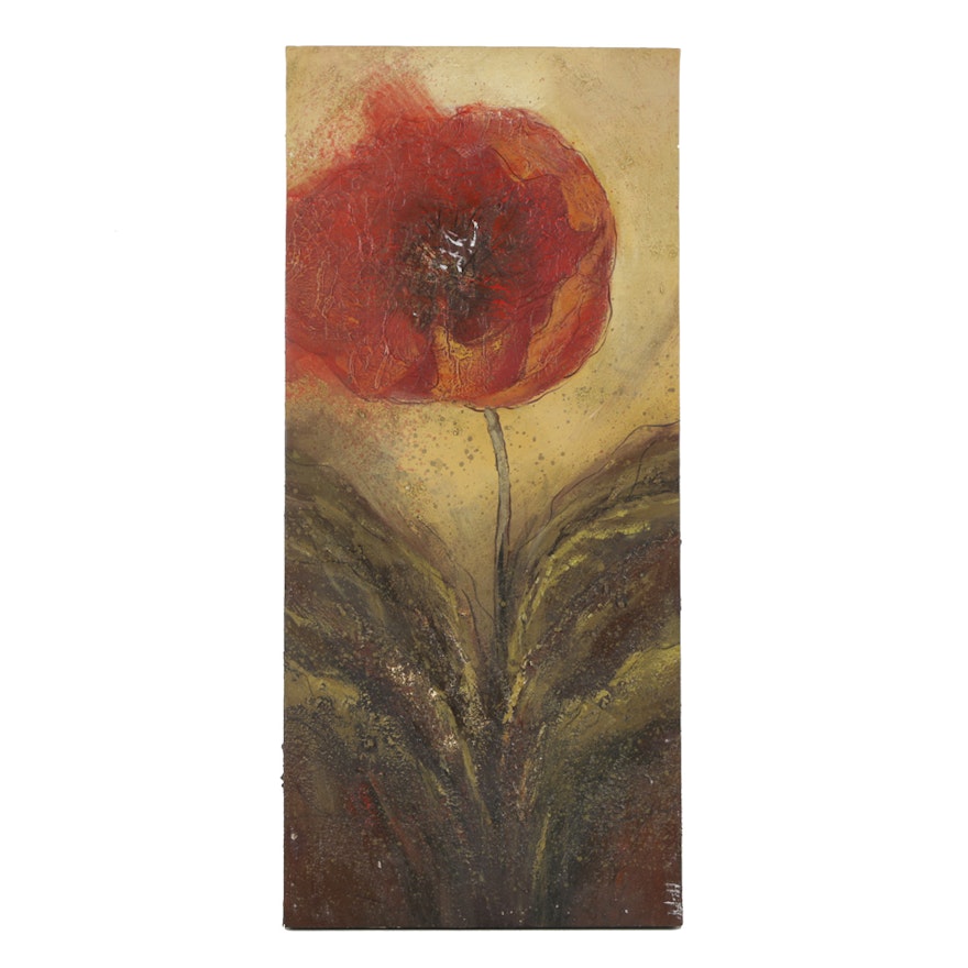 Mixed Media Painting on Canvas of a Red Poppy Flower