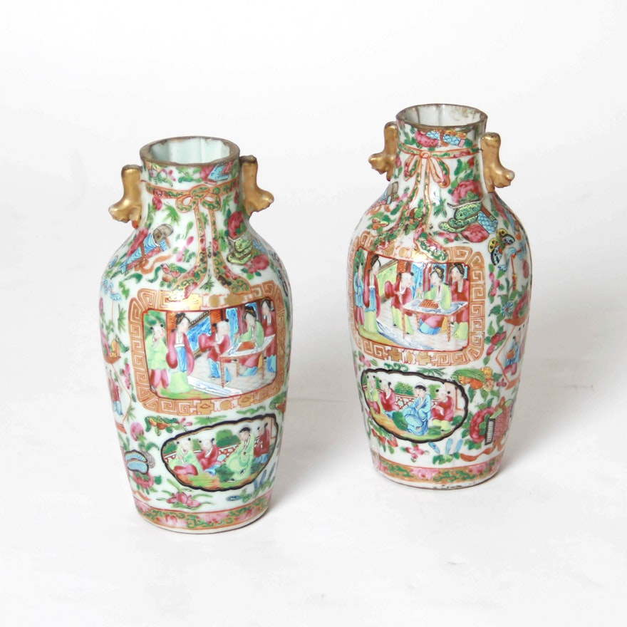 Chinese Rose Medallion Hand-Painted Vases