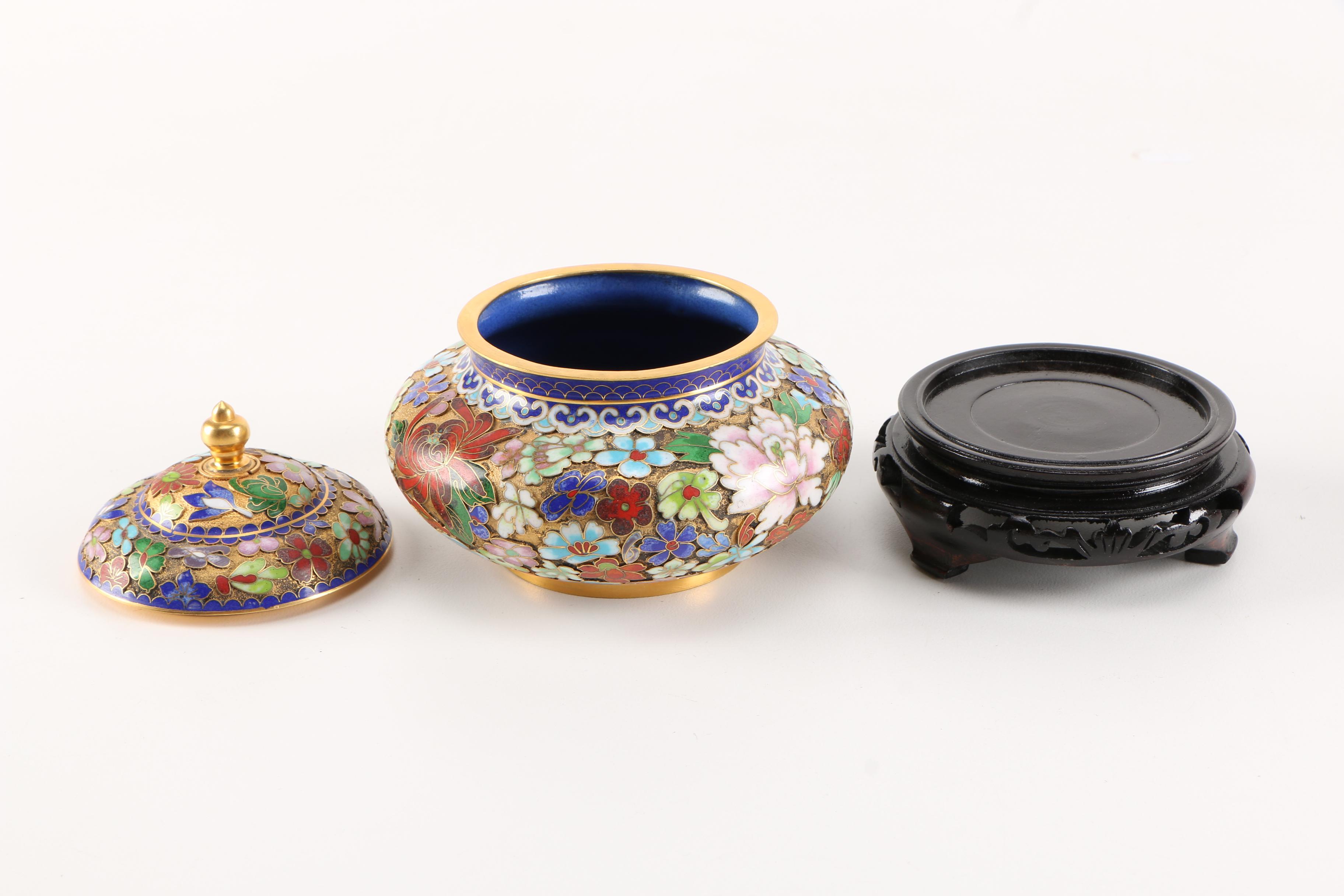 Pair of Chinese Cloisonné Ginger Jars with Pedestal Stands