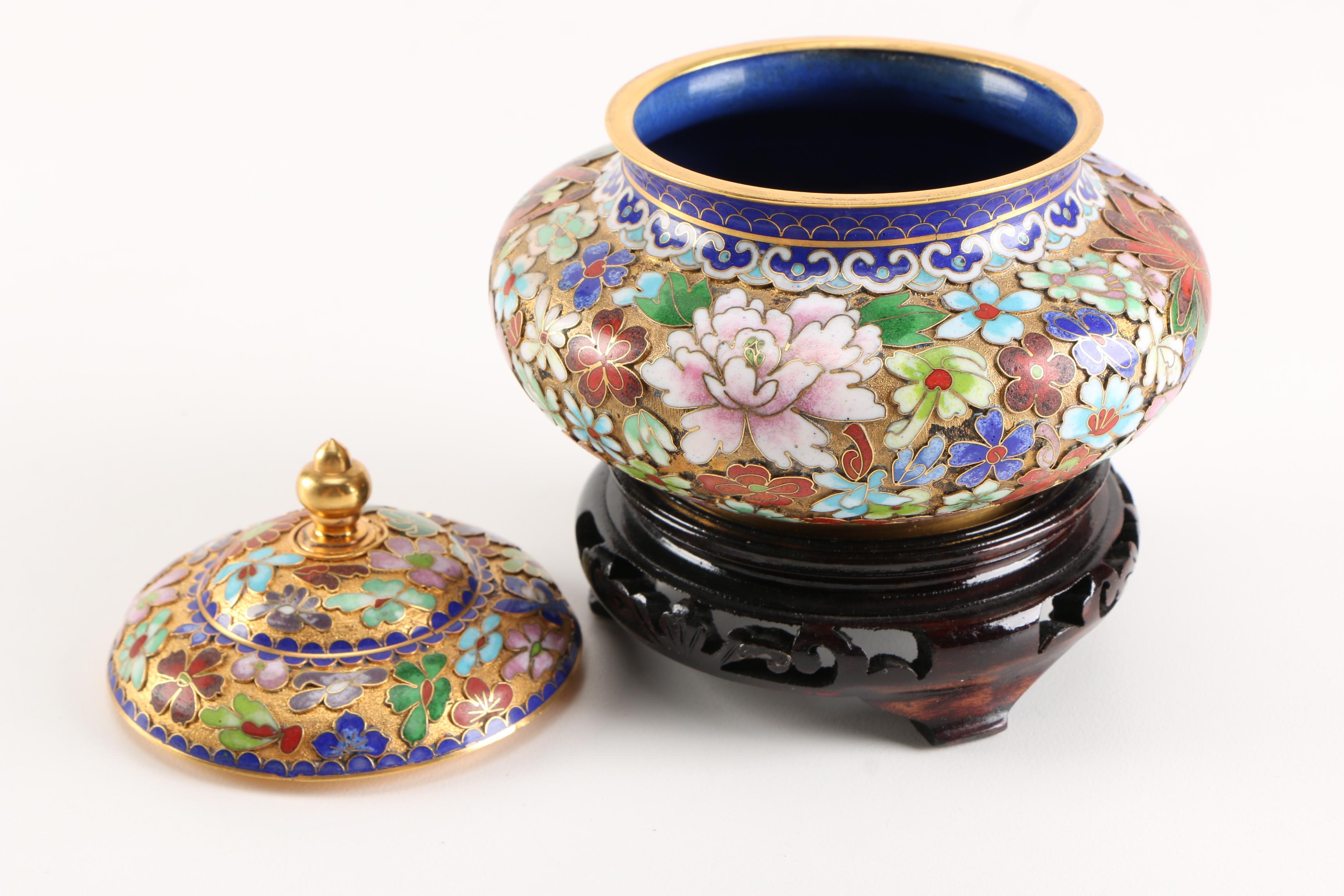 Pair of Chinese Cloisonné Ginger Jars with Pedestal Stands