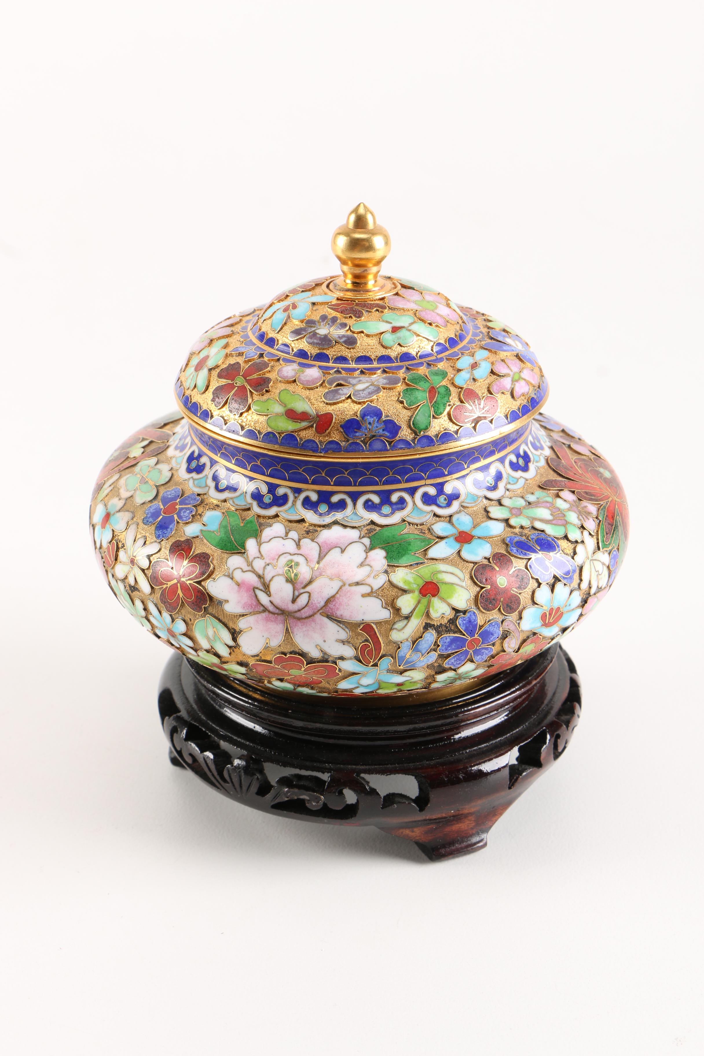 Pair of Chinese Cloisonné Ginger Jars with Pedestal Stands
