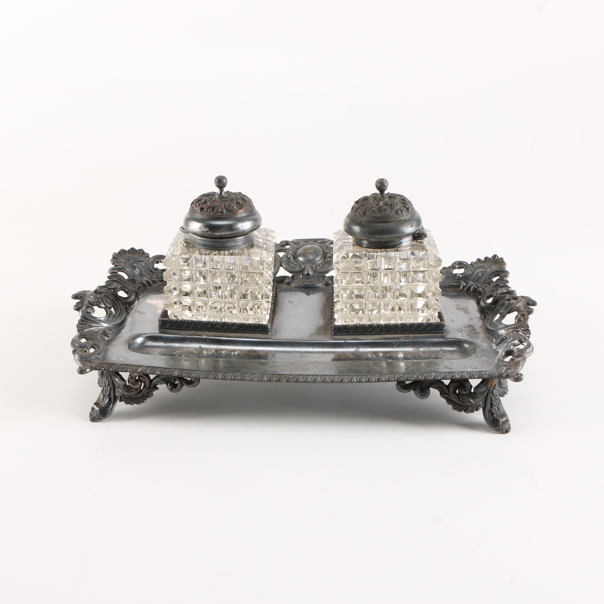 Vintage Kleinwort & Peerless Silver Plate Inkstand With Cut Glass Ink Jars
