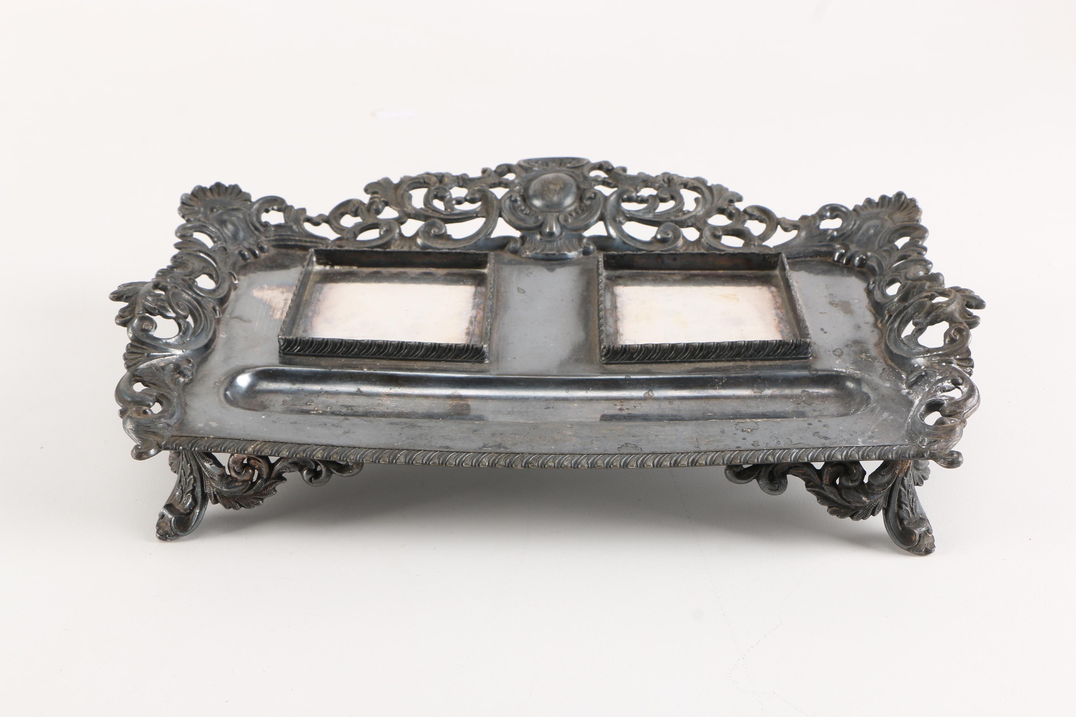 Vintage Kleinwort & Peerless Silver Plate Inkstand With Cut Glass Ink Jars