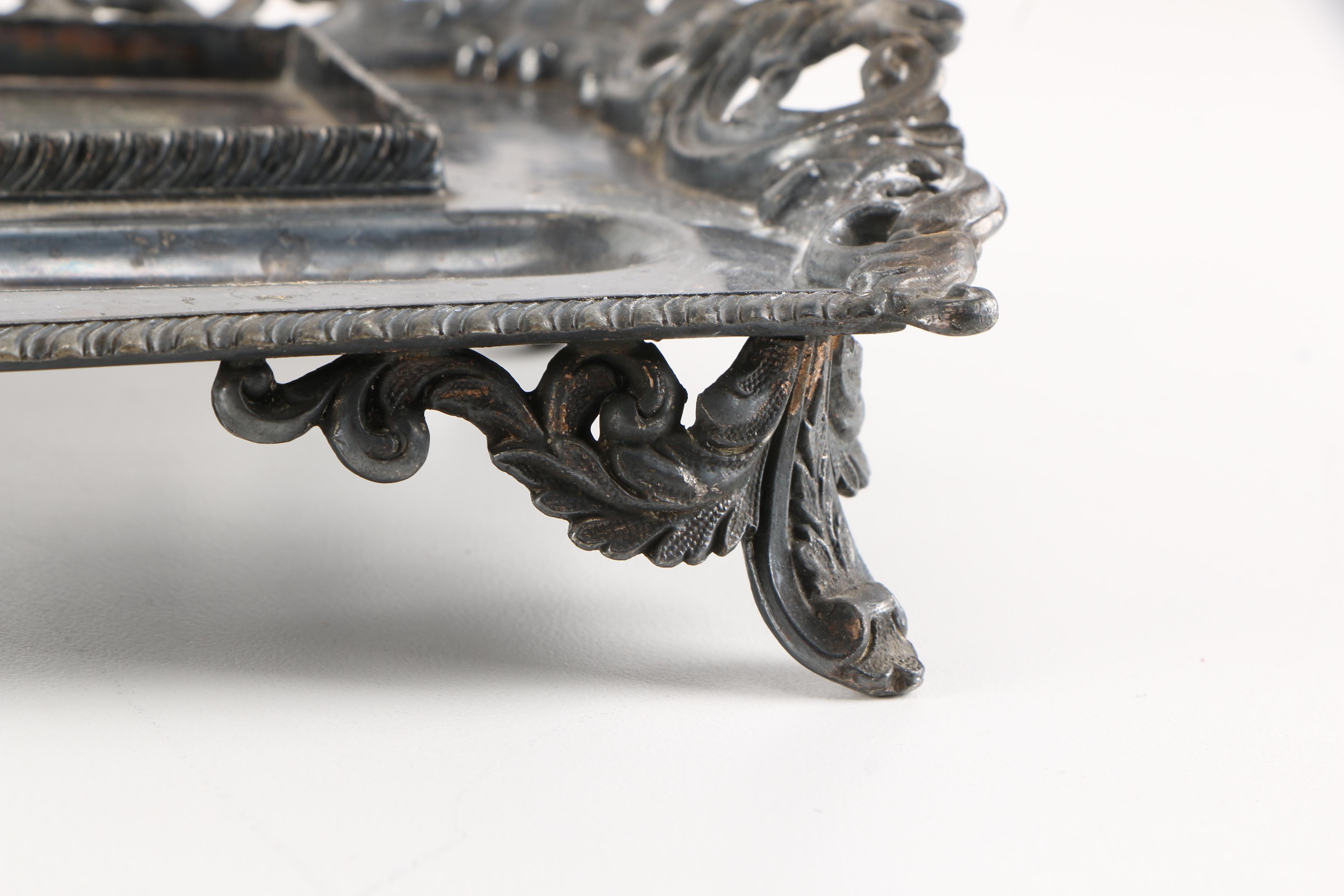 Vintage Kleinwort & Peerless Silver Plate Inkstand With Cut Glass Ink Jars