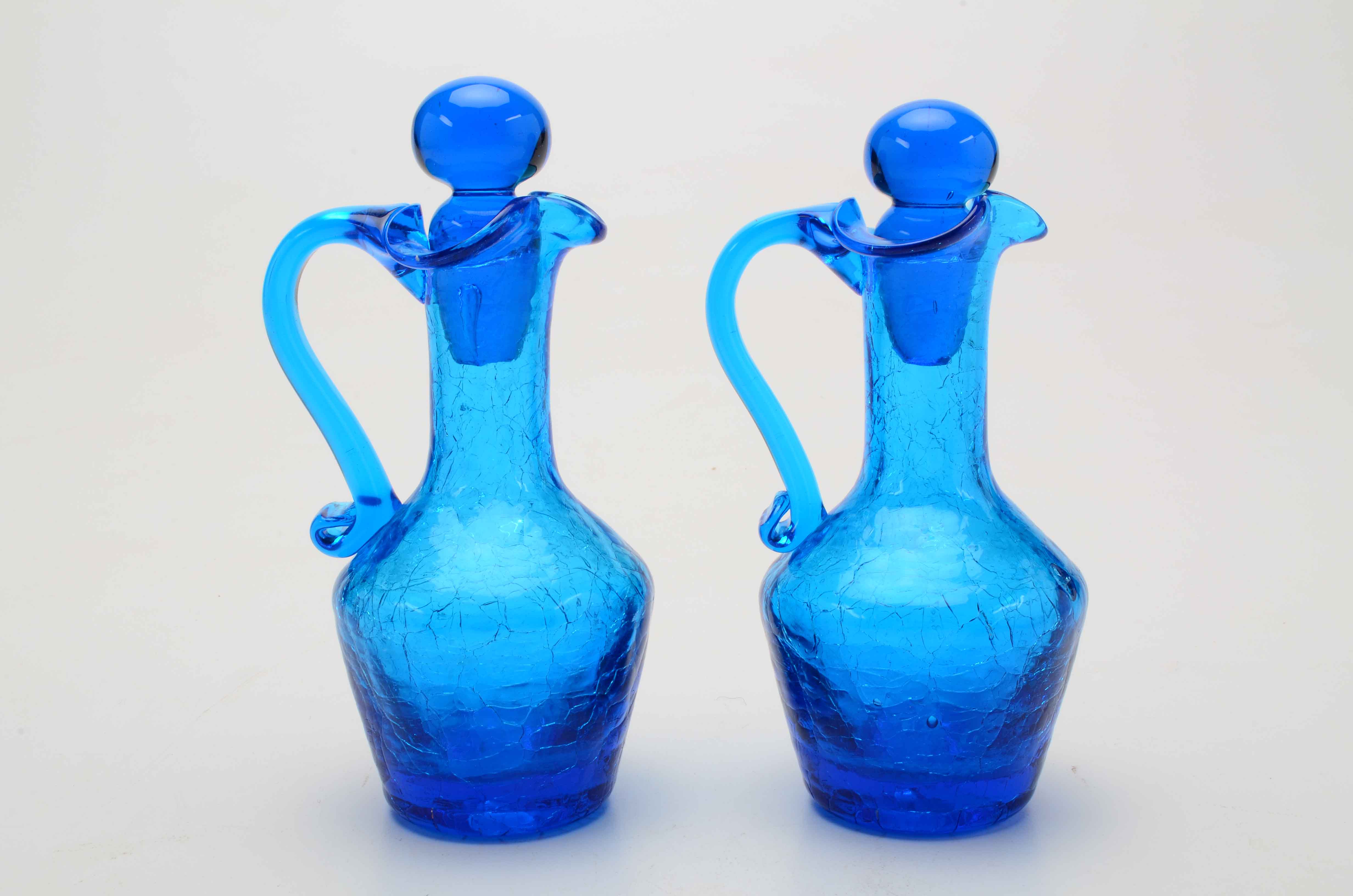 Pair of Blenko Style Blue Crackle Glass Cruets and Cordials
