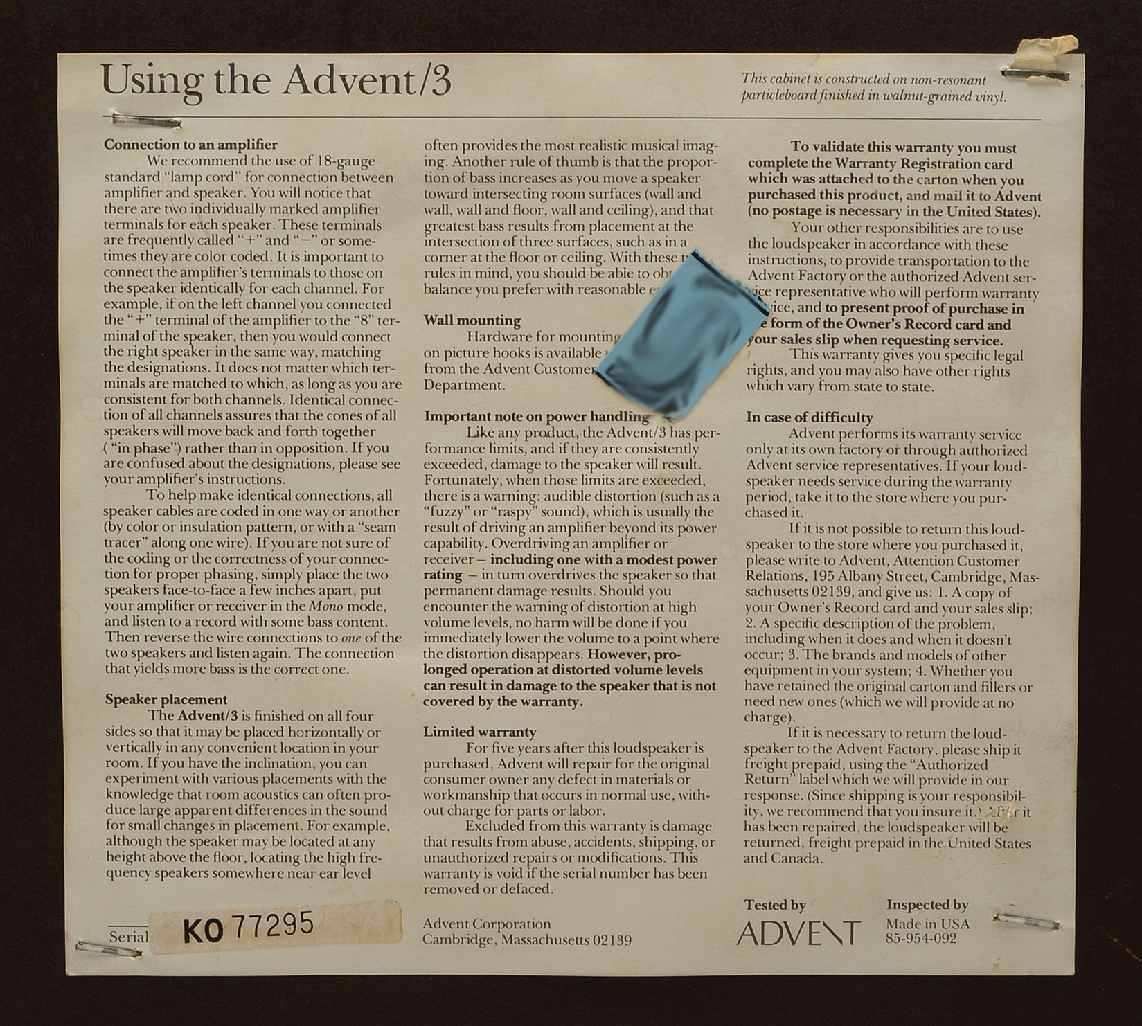 Circa 1976 Advent/3 Bookshelf Speakers