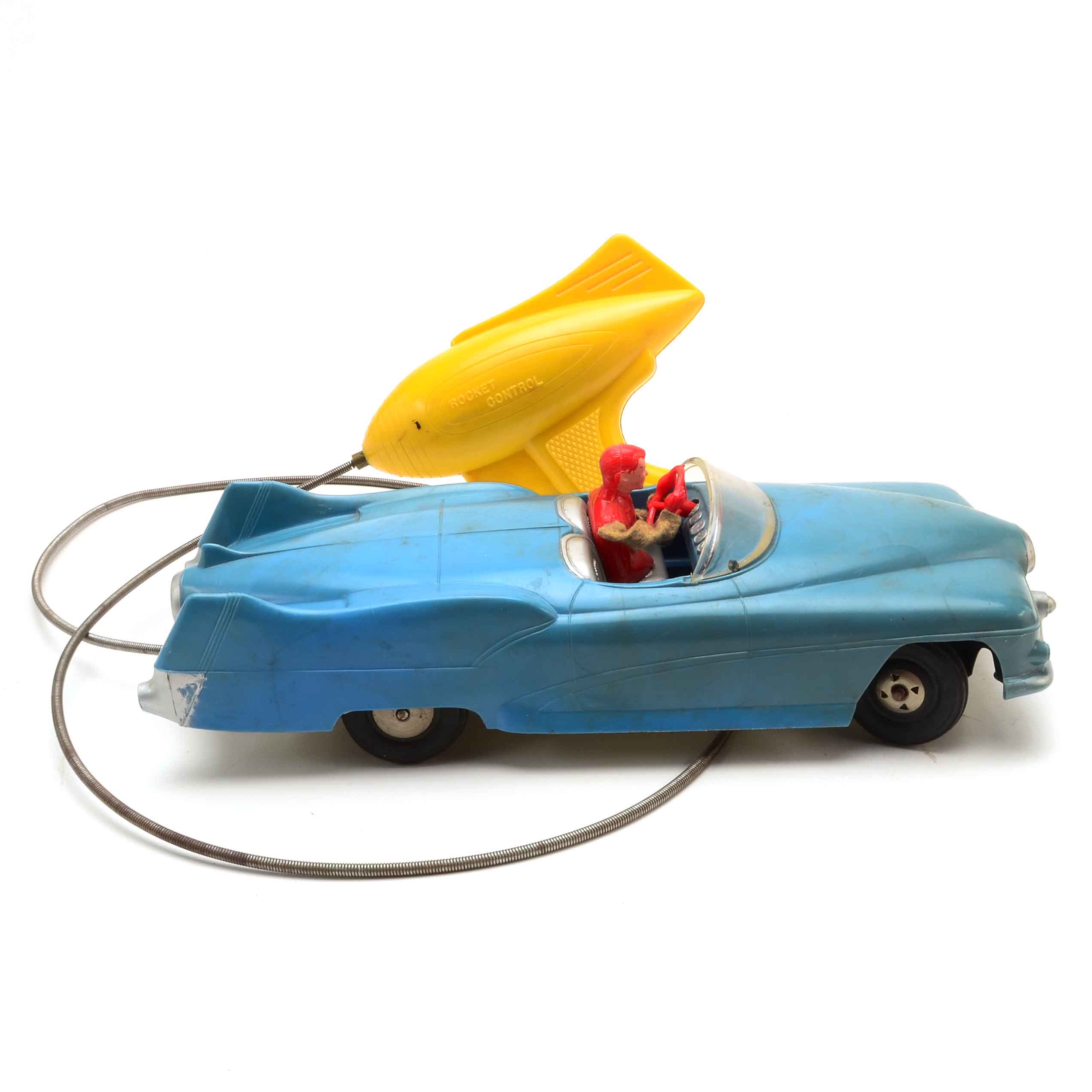 Vintage Blue Car with Yellow Rocket