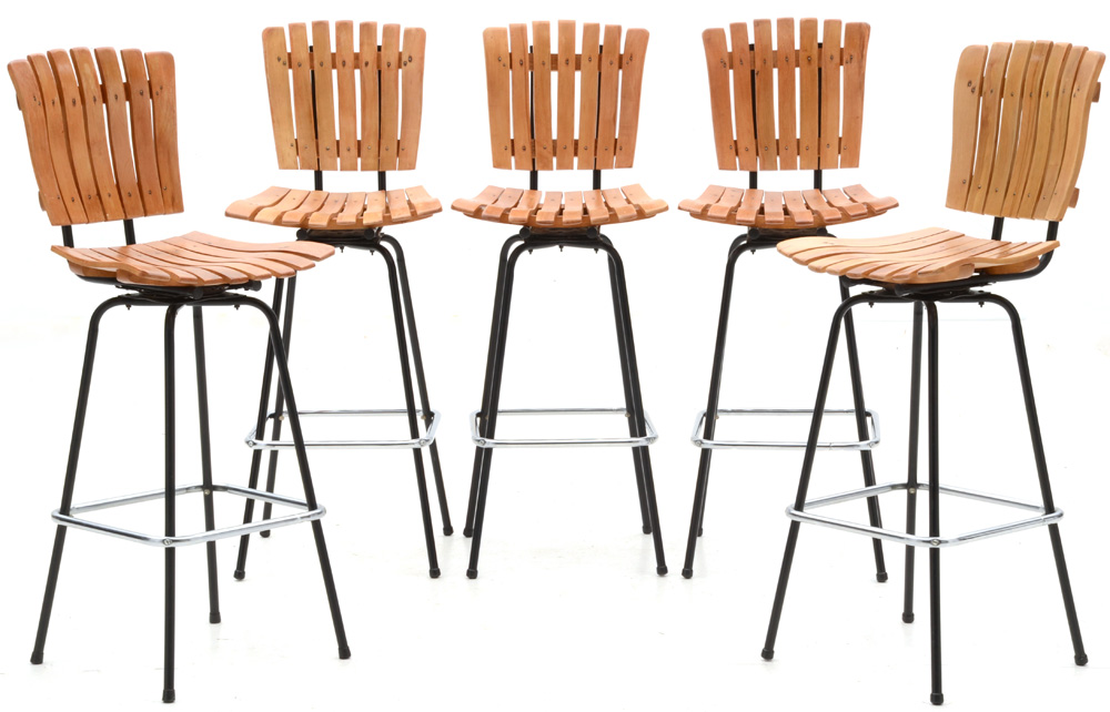 Set of Five Arthur Umanoff Style Slatted Bar Stools