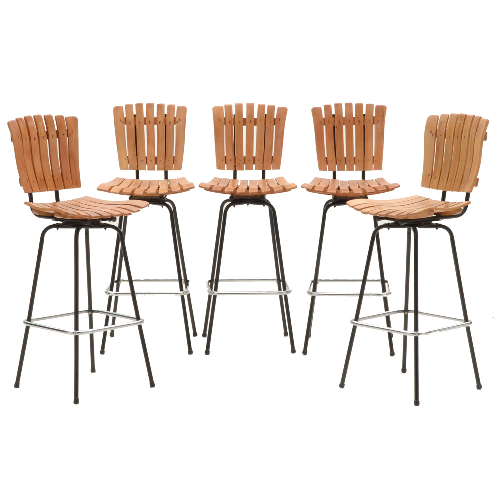 Set of Five Arthur Umanoff Style Slatted Bar Stools