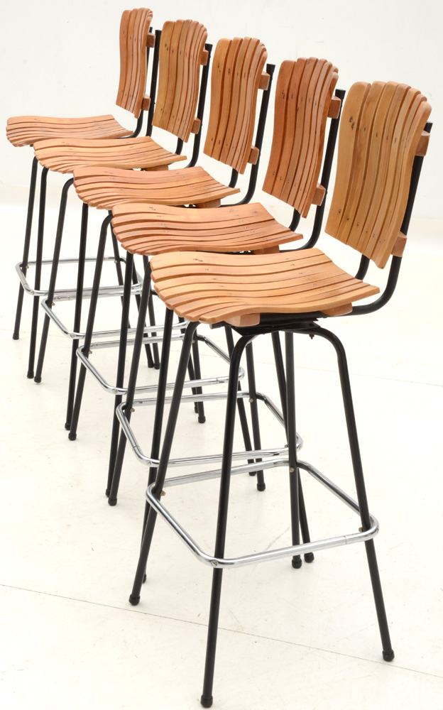 Set of Five Arthur Umanoff Style Slatted Bar Stools