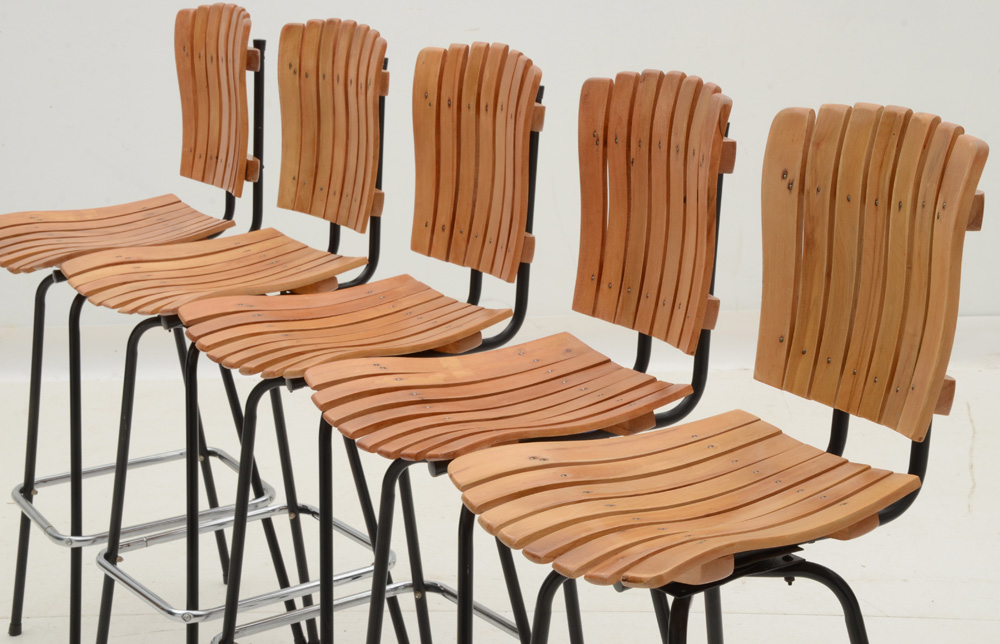 Set of Five Arthur Umanoff Style Slatted Bar Stools