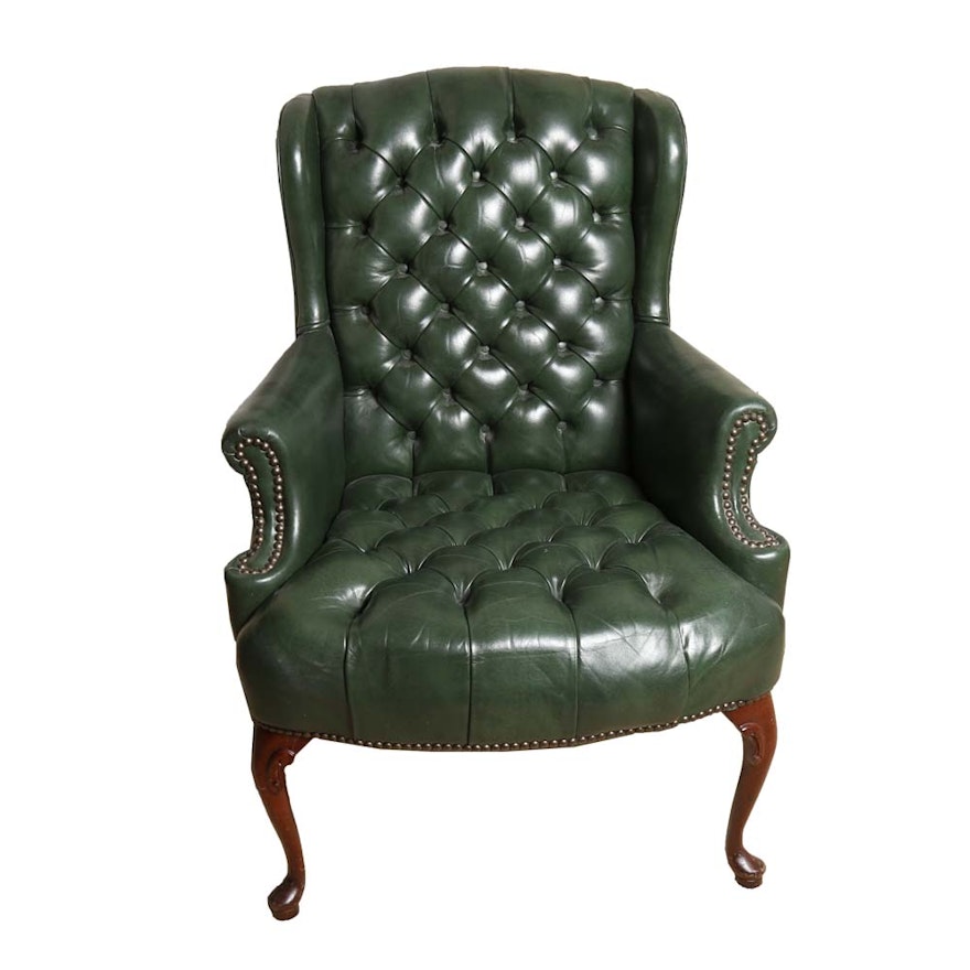 Tufted Green Leatherette Wingback Armchair