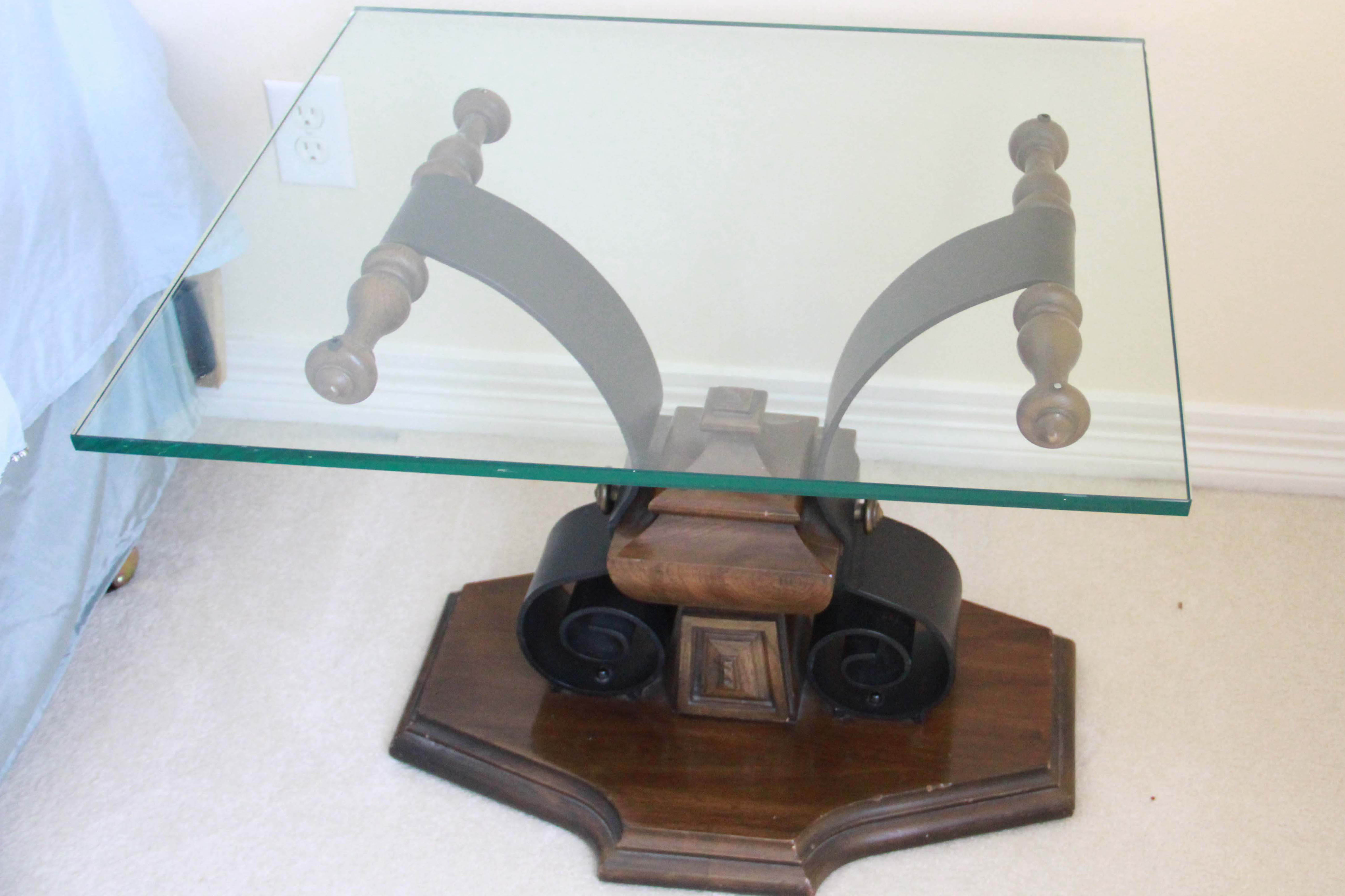 Set of Two Glass Accent Tables with Wooden Base