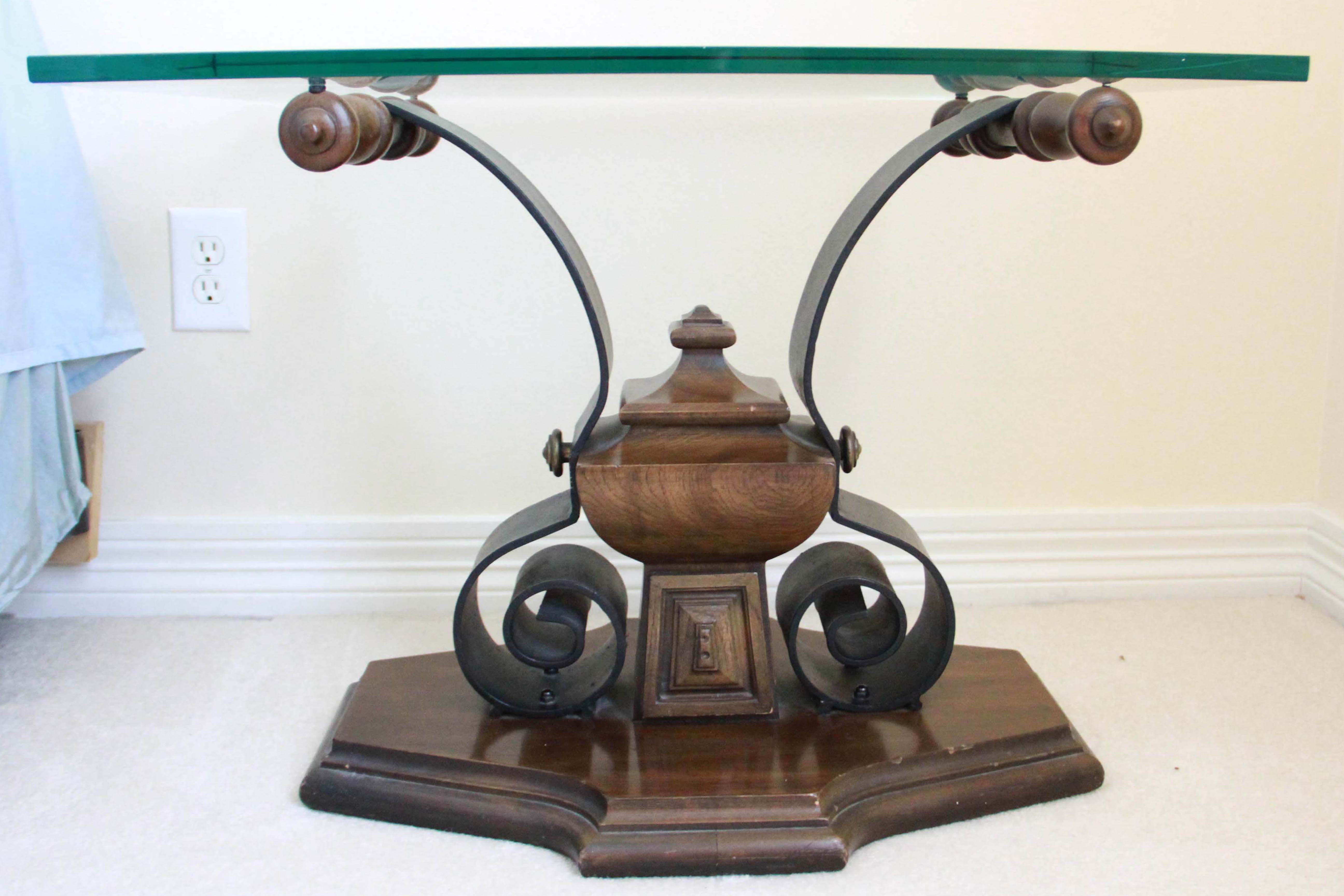 Set of Two Glass Accent Tables with Wooden Base