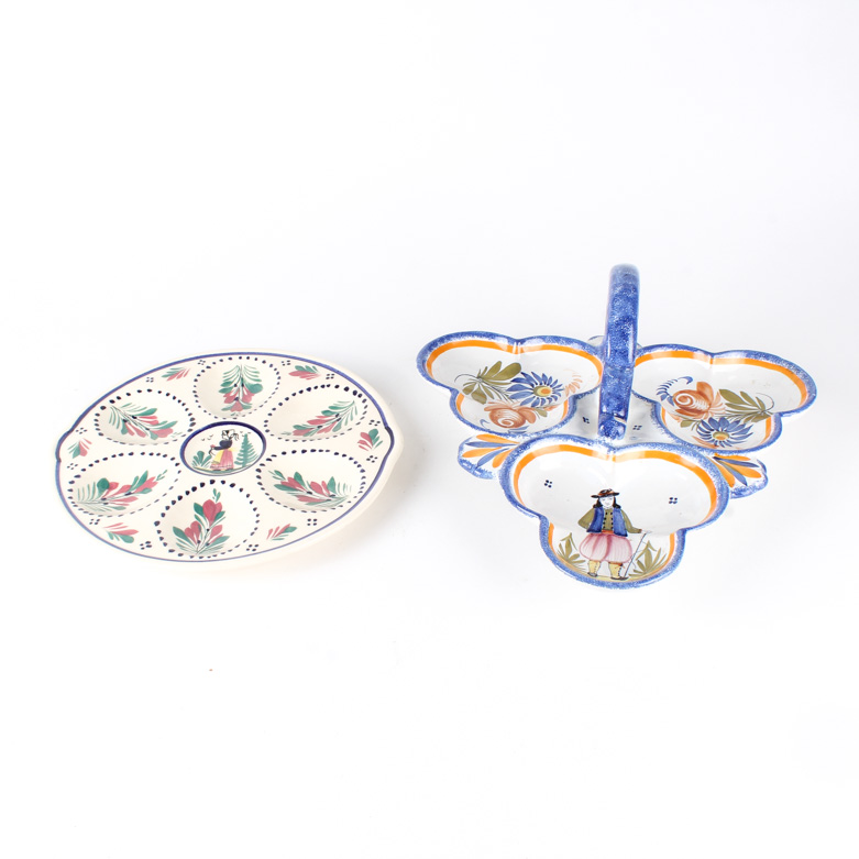 Henriot Quimper Egg Plate and Tri-Bowl Appetizer Server