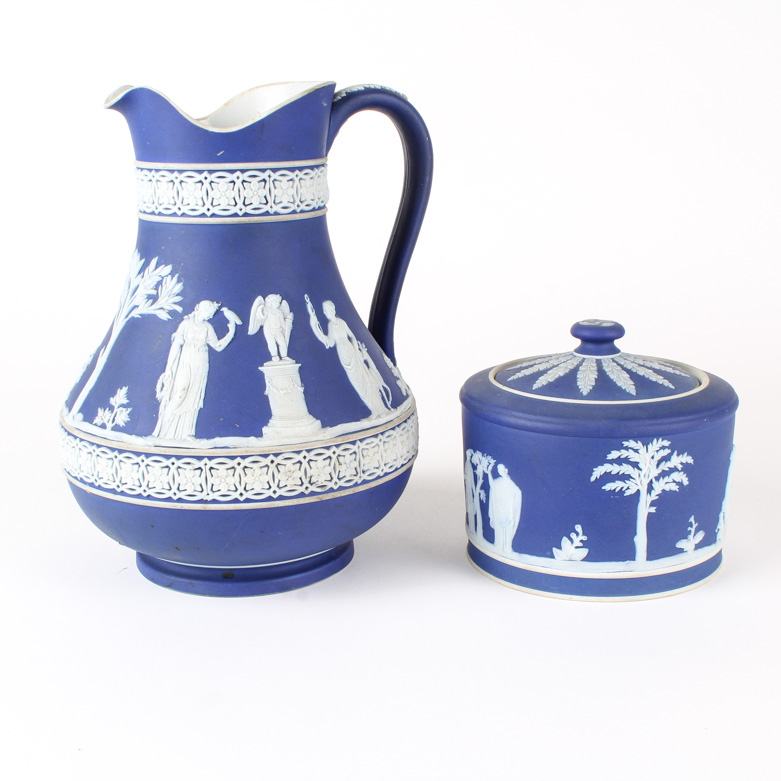 Wedgwood Cream on Blue Jasperware Pitcher and Lidded Dish