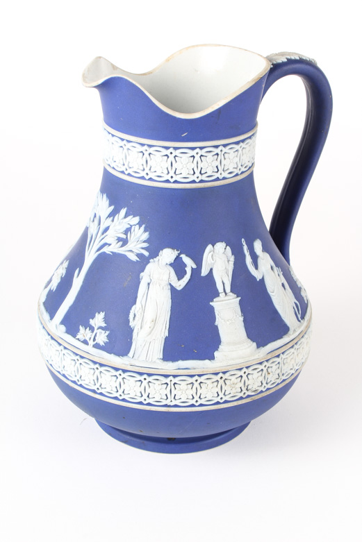 Wedgwood Cream on Blue Jasperware Pitcher and Lidded Dish
