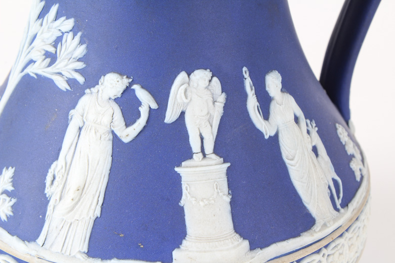 Wedgwood Cream on Blue Jasperware Pitcher and Lidded Dish