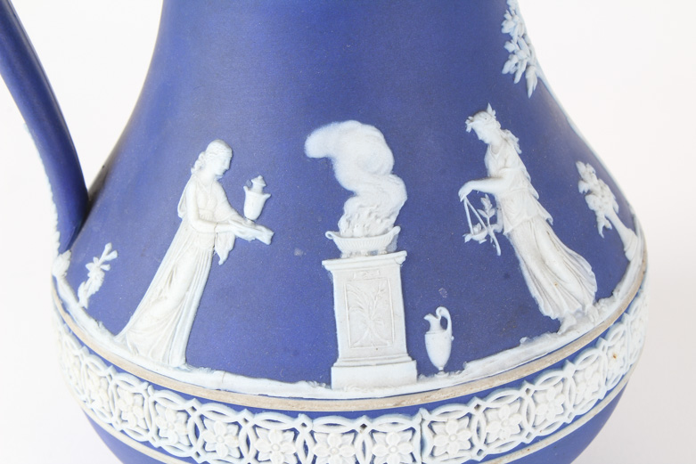 Wedgwood Cream on Blue Jasperware Pitcher and Lidded Dish