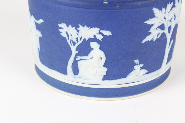 Wedgwood Cream on Blue Jasperware Pitcher and Lidded Dish