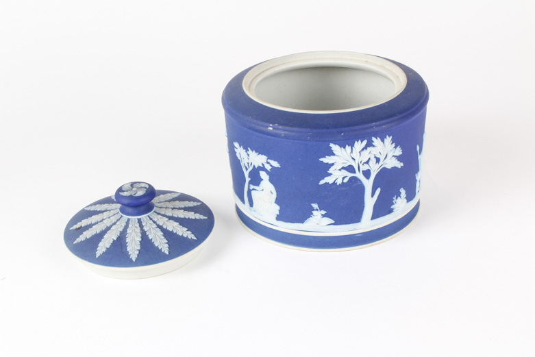 Wedgwood Cream on Blue Jasperware Pitcher and Lidded Dish