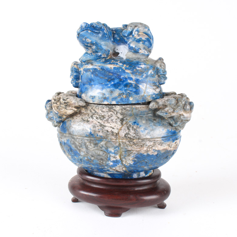 Sodalite Chinese Dragon Censer on Rosewood Stand
