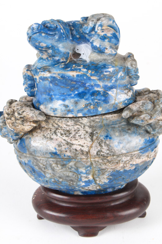 Sodalite Chinese Dragon Censer on Rosewood Stand