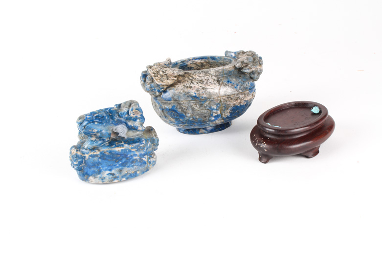 Sodalite Chinese Dragon Censer on Rosewood Stand