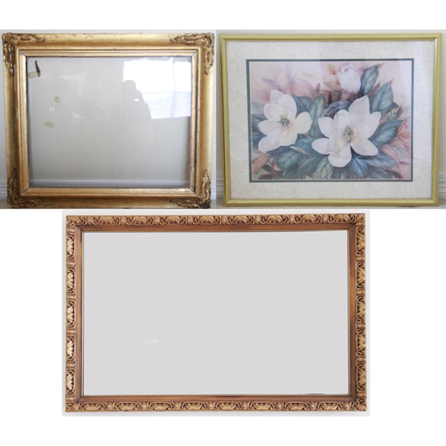 Floral Print on Paper, Vintage Frame with Glass, and Wall Mirror
