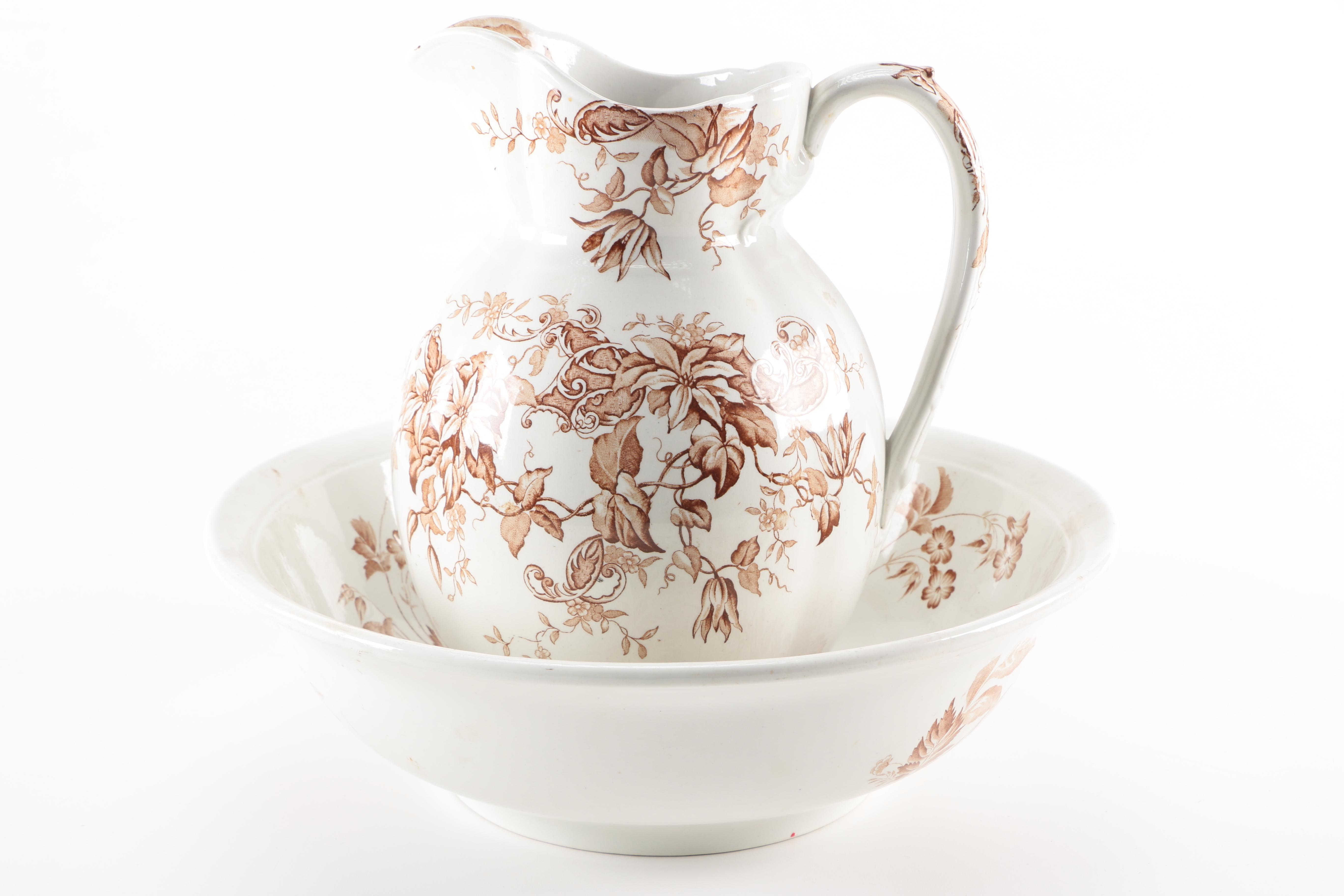 Antique Clementson Bros "Orleans" Ironstone Wash Basin and Pitcher