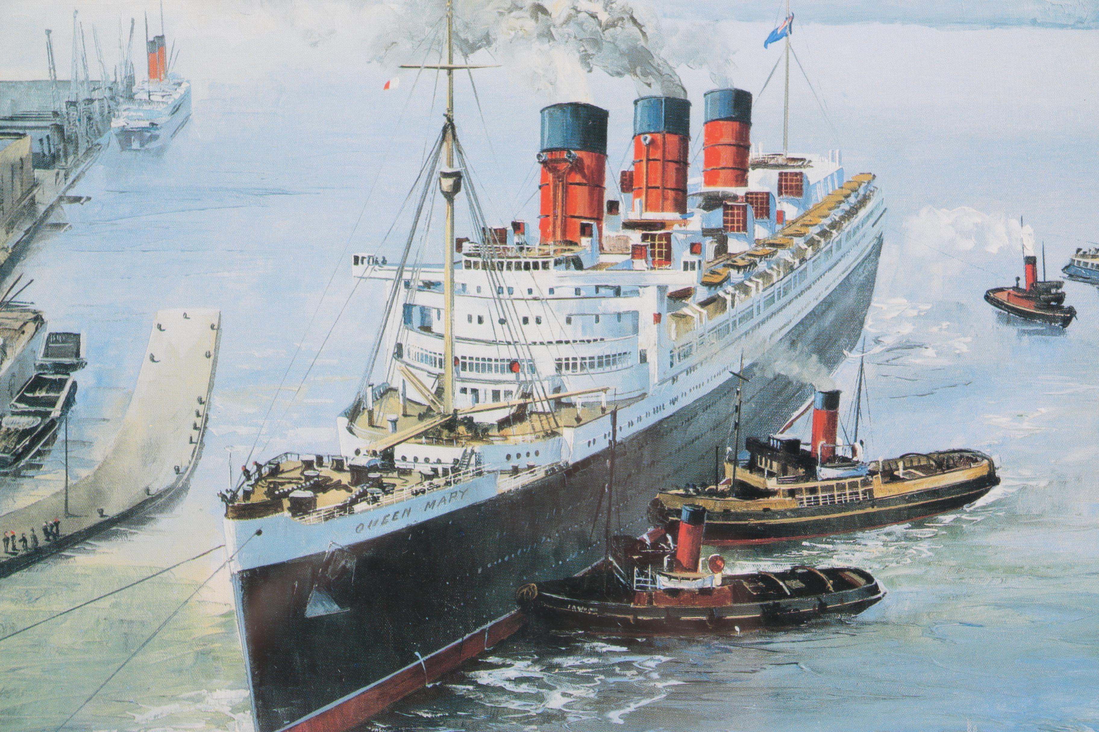 After Harley Crossley Offset Lithographs "Queen Mary", "Titanic Departure", and "Queen Elizabeth 2 Refitting at Blohm & Voss, Hamburg"