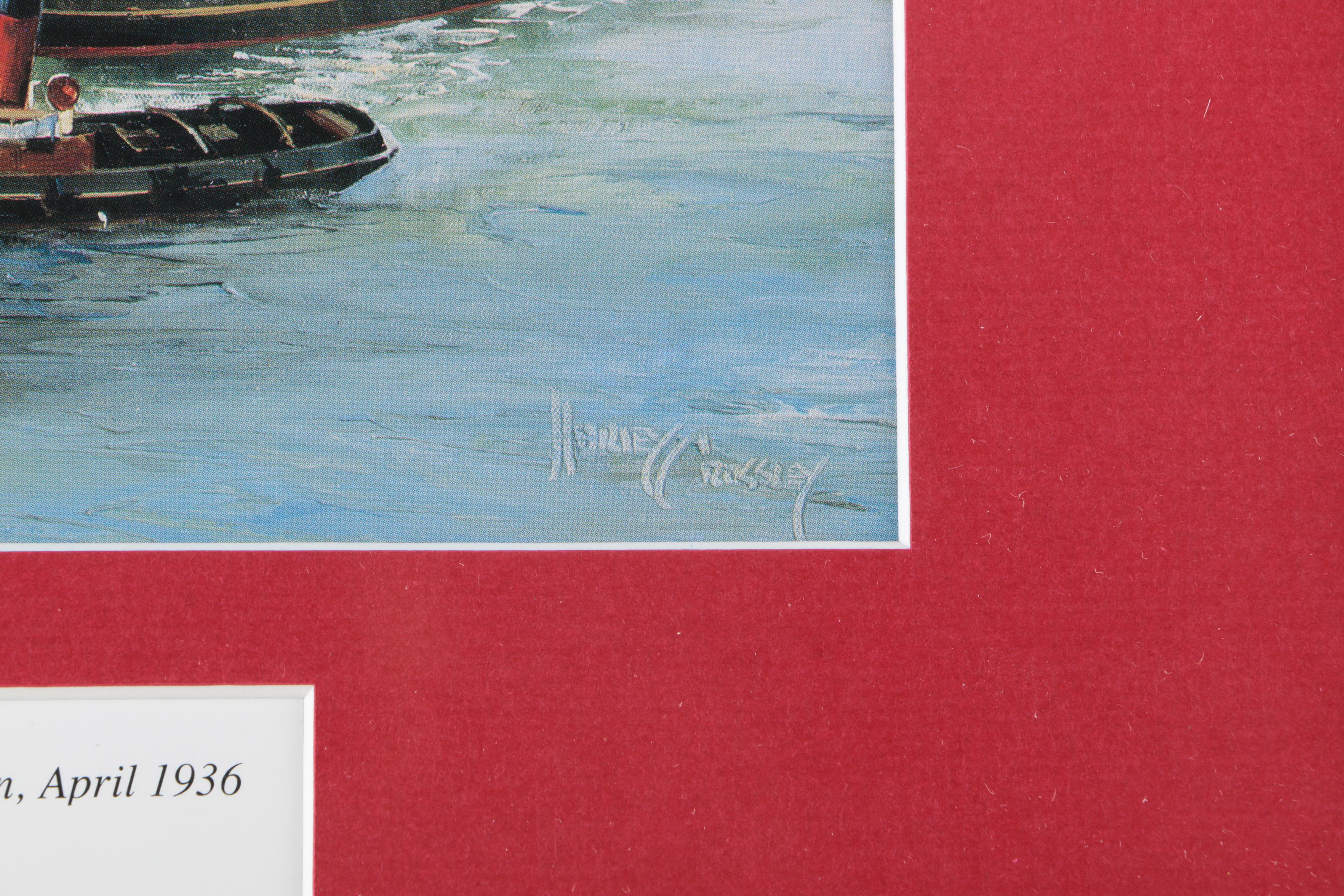 After Harley Crossley Offset Lithographs "Queen Mary", "Titanic Departure", and "Queen Elizabeth 2 Refitting at Blohm & Voss, Hamburg"