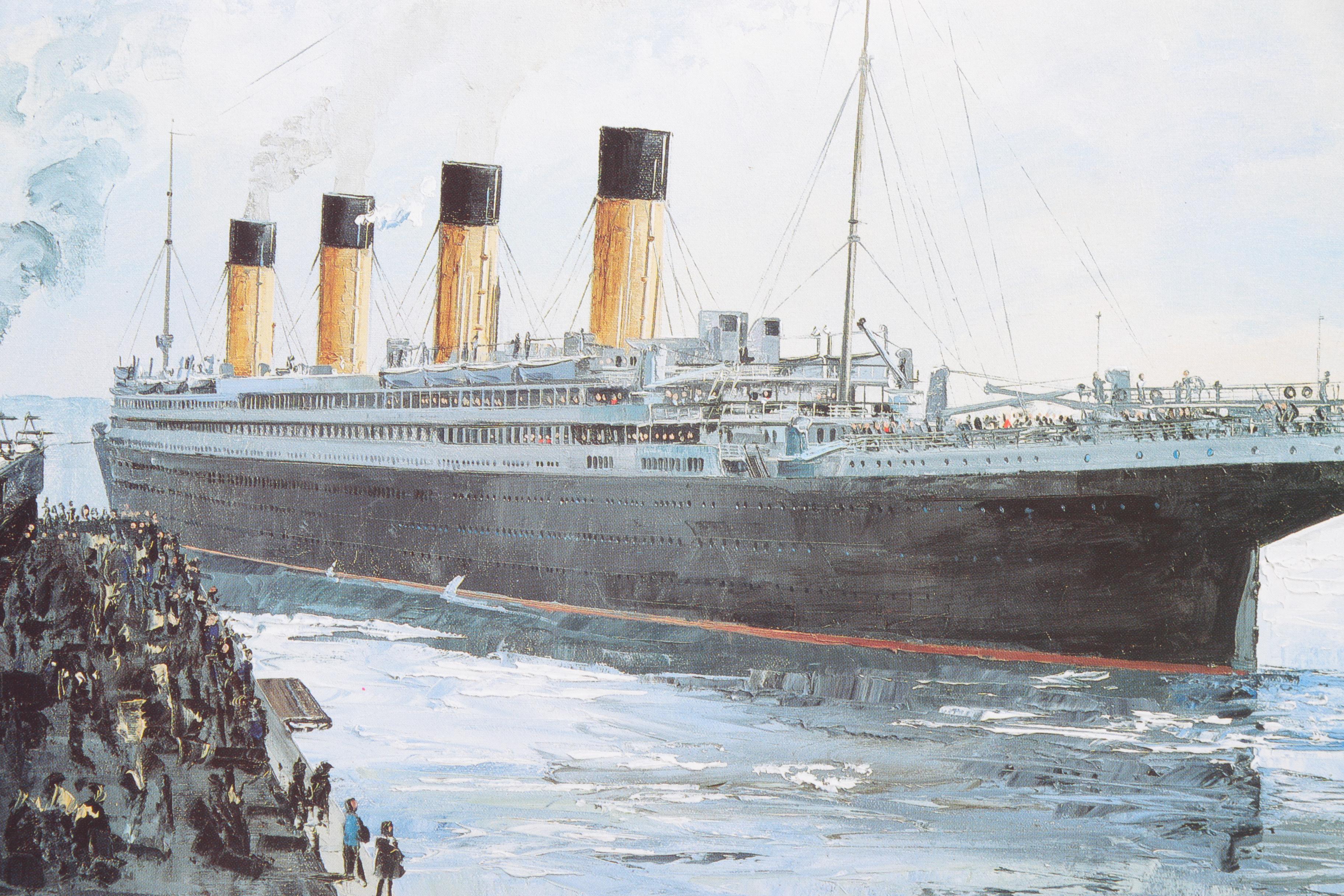 After Harley Crossley Offset Lithographs "Queen Mary", "Titanic Departure", and "Queen Elizabeth 2 Refitting at Blohm & Voss, Hamburg"
