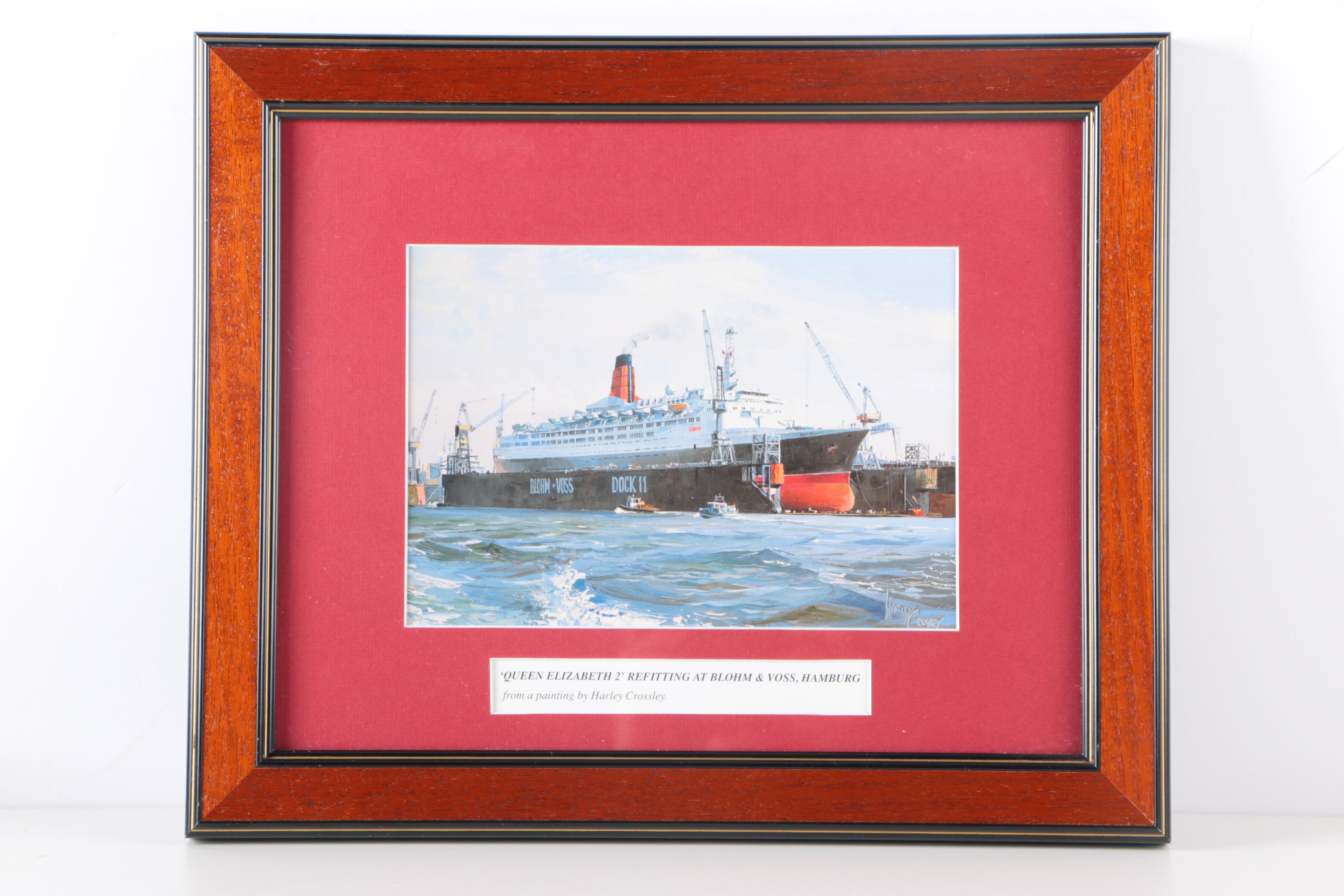After Harley Crossley Offset Lithographs "Queen Mary", "Titanic Departure", and "Queen Elizabeth 2 Refitting at Blohm & Voss, Hamburg"