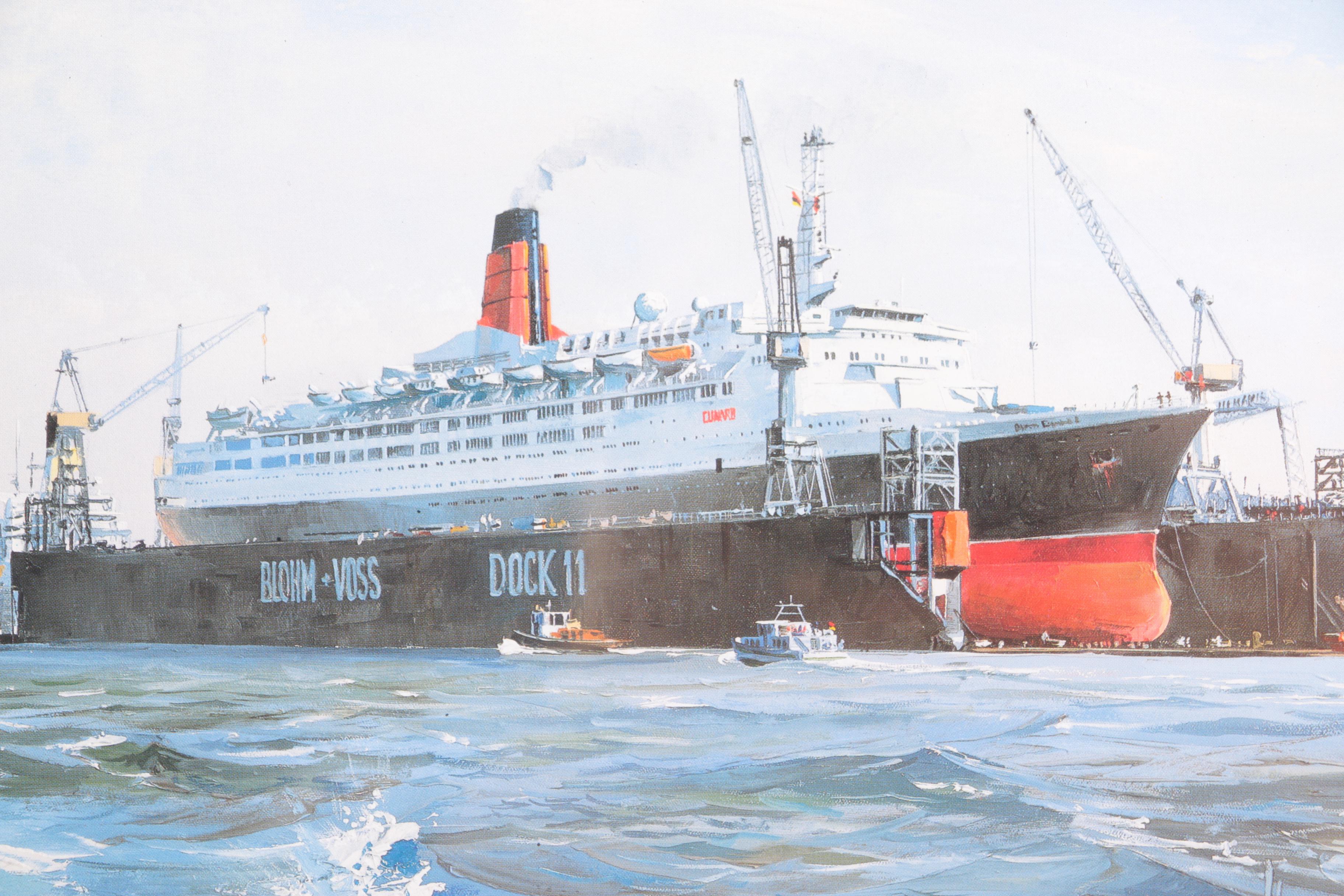 After Harley Crossley Offset Lithographs "Queen Mary", "Titanic Departure", and "Queen Elizabeth 2 Refitting at Blohm & Voss, Hamburg"