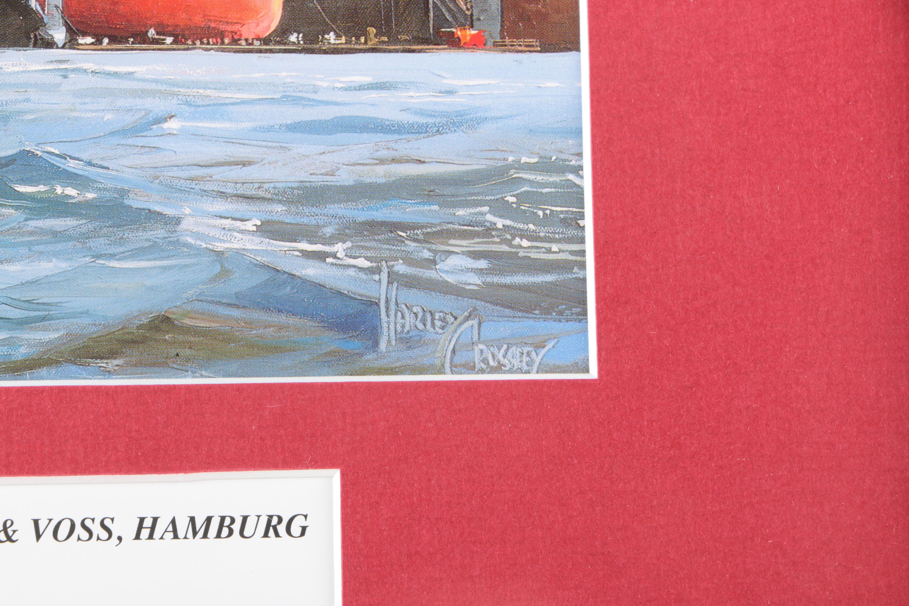 After Harley Crossley Offset Lithographs "Queen Mary", "Titanic Departure", and "Queen Elizabeth 2 Refitting at Blohm & Voss, Hamburg"