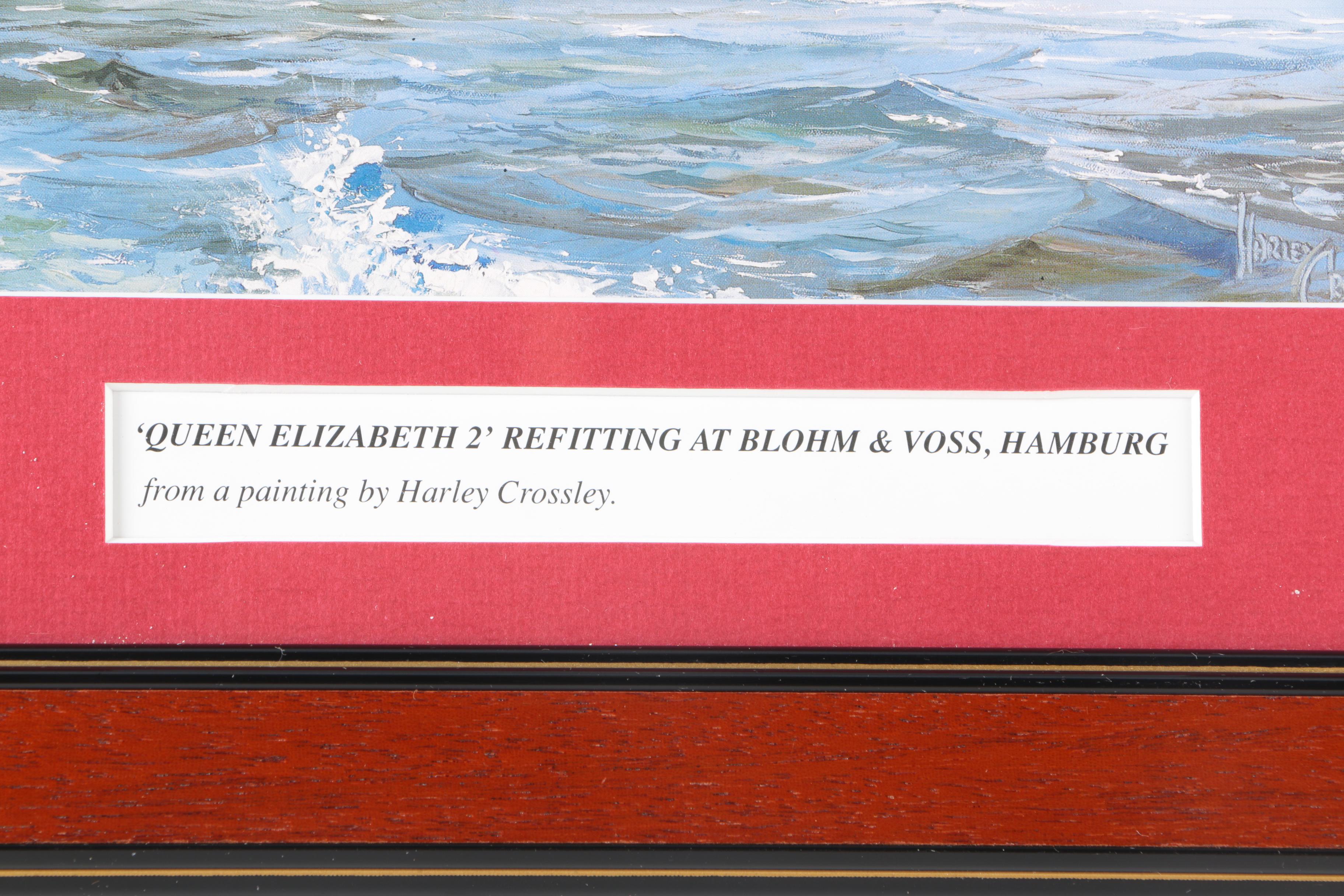 After Harley Crossley Offset Lithographs "Queen Mary", "Titanic Departure", and "Queen Elizabeth 2 Refitting at Blohm & Voss, Hamburg"