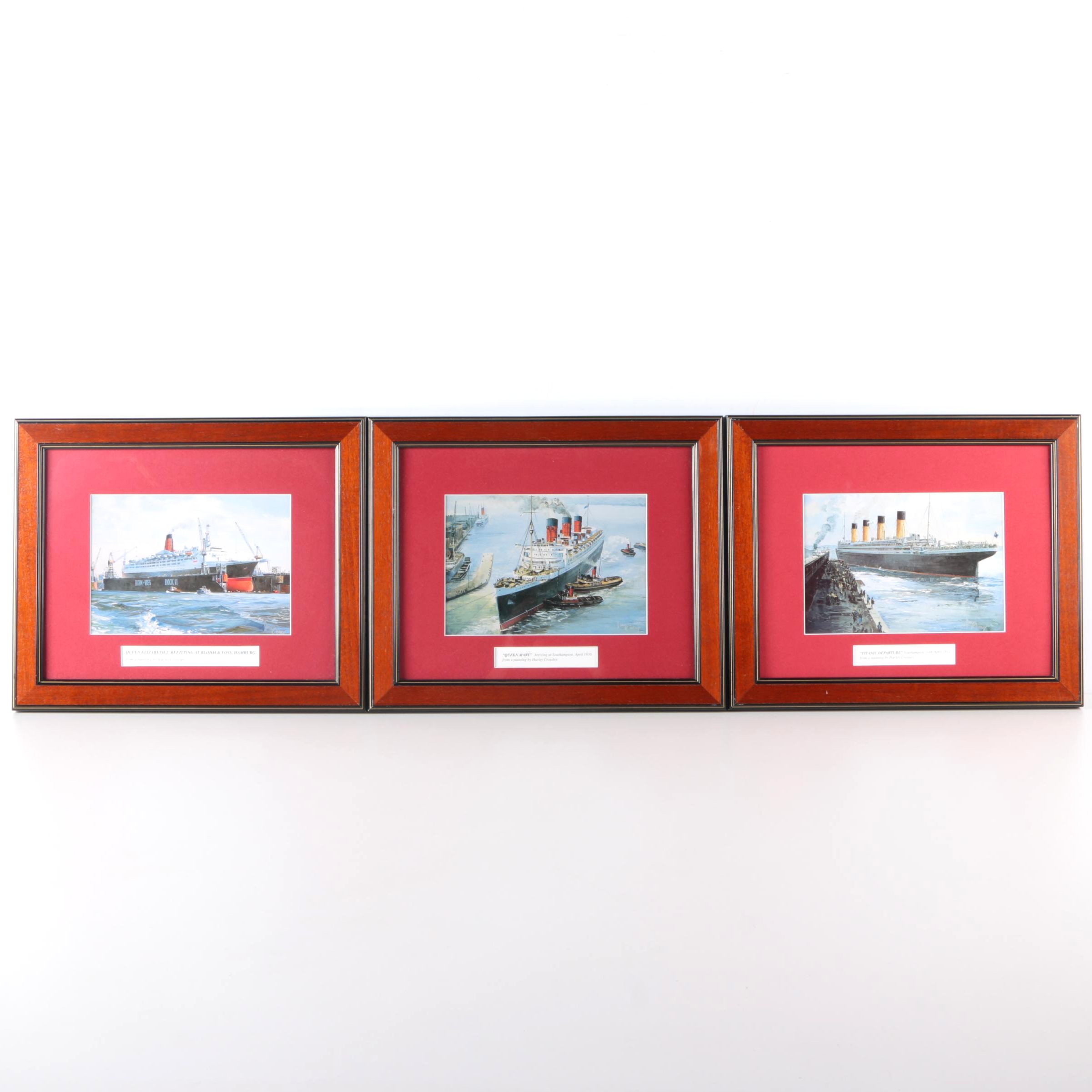 After Harley Crossley Offset Lithographs "Queen Mary", "Titanic Departure", and "Queen Elizabeth 2 Refitting at Blohm & Voss, Hamburg"