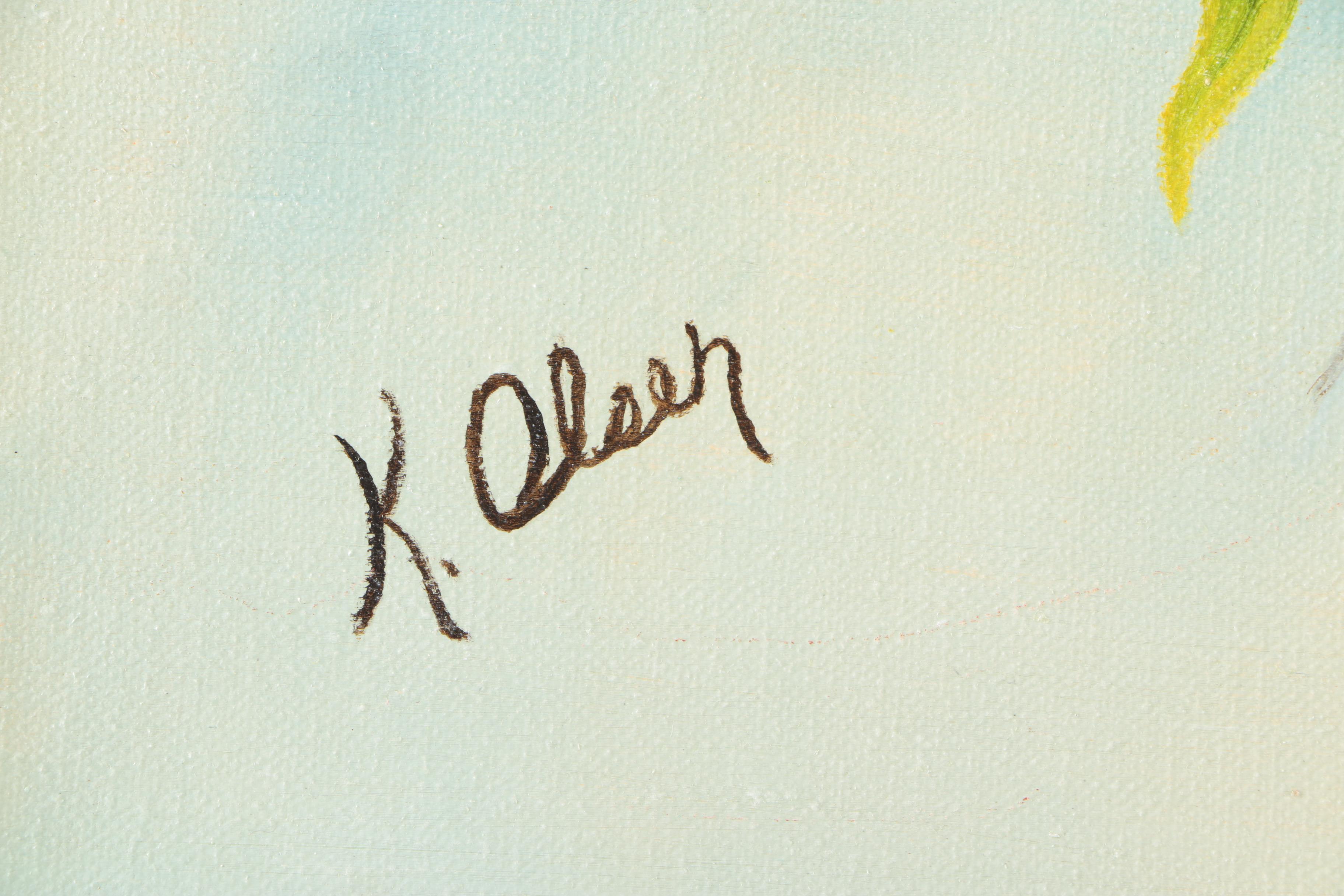 K. Olsen Oil Painting on Canvas Moths on Flowered Branches