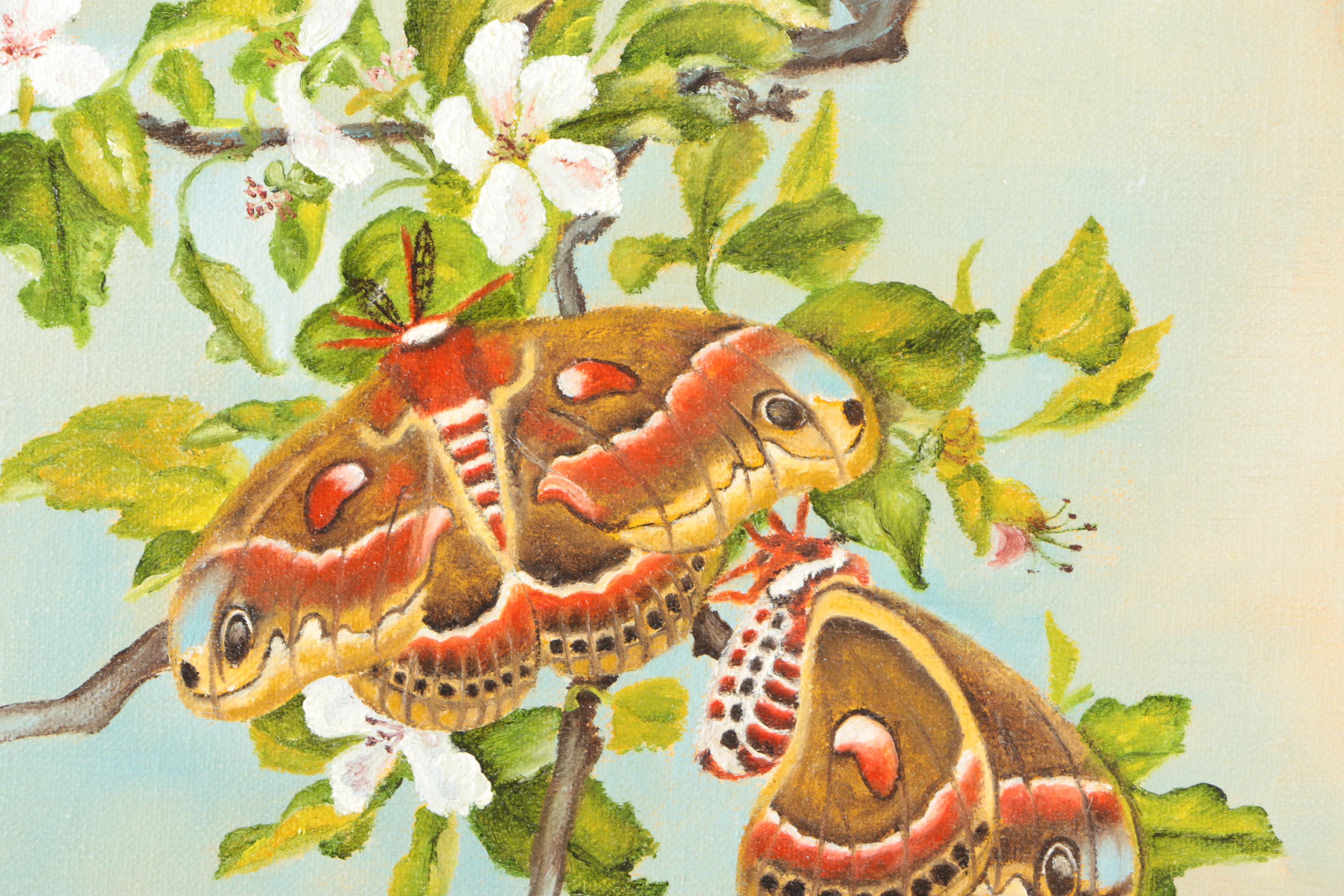 K. Olsen Oil Painting on Canvas Moths on Flowered Branches